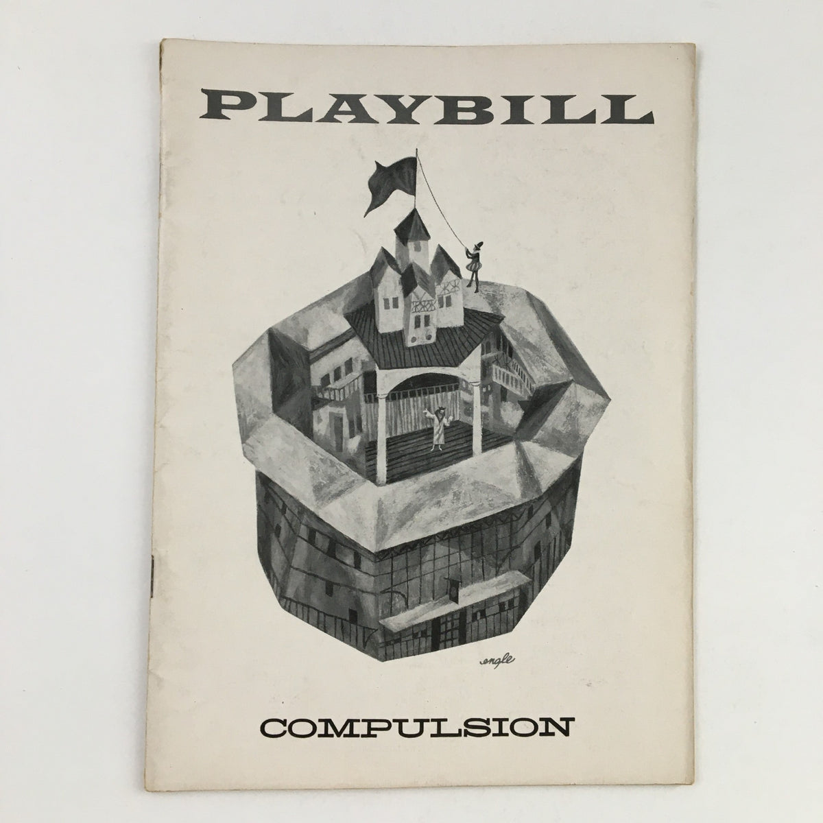 1957 Playbill for Compulsion featuring a unique artistic design of a theatrical stage set in a geometric shape.