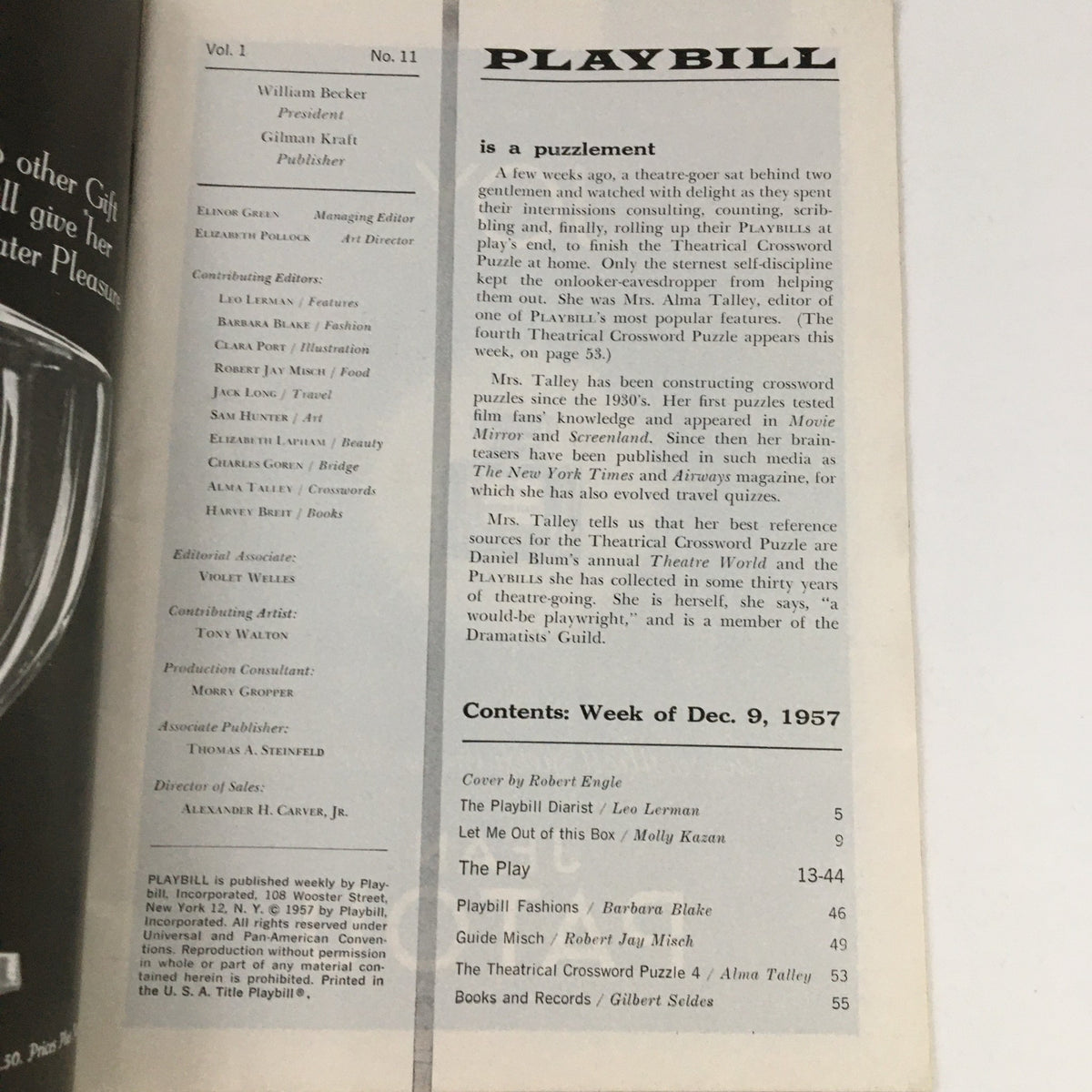 Interior page of the 1957 Playbill for Compulsion showcasing the cast and crew credits along with the week's program details.