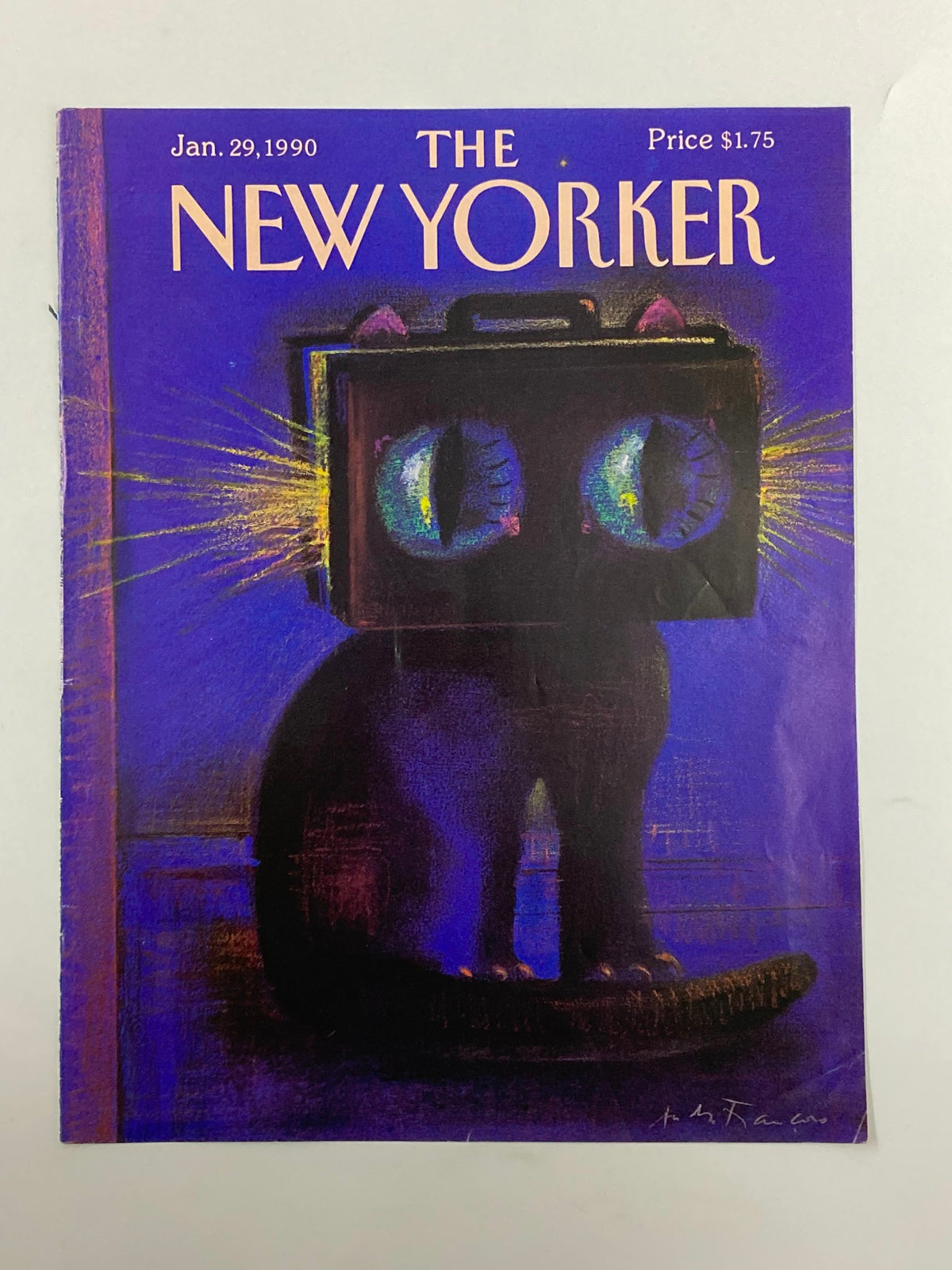 COVER ONLY The New Yorker January 29 1990 Cat Eyes by Andrei Francois featuring a captivating artwork of a black cat with intense cat eyes, highlighted by a colorful design and classic magazine cover details.