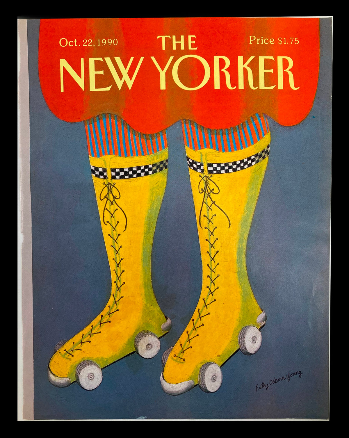 Cover of The New Yorker October 22, 1990 featuring whimsical 'Wheel Socks' illustration by Kathy Osborn Young, showcasing bright yellow roller skates with a playful design.