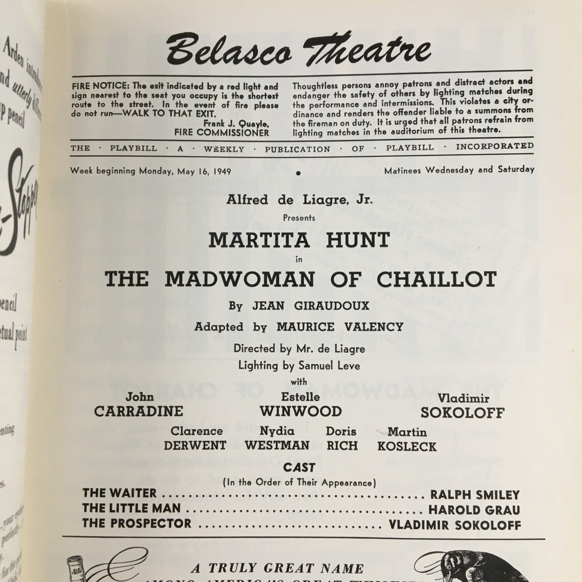 Inside page of the 1949 Playbill for The Madwoman of Chaillot detailing the cast and production information.