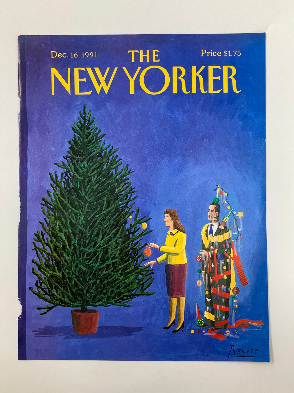Cover of The New Yorker dated December 16, 1991 featuring a Christmas theme by Benoit van Innis, depicting a woman decorating a tree and a man adorned with holiday decorations.