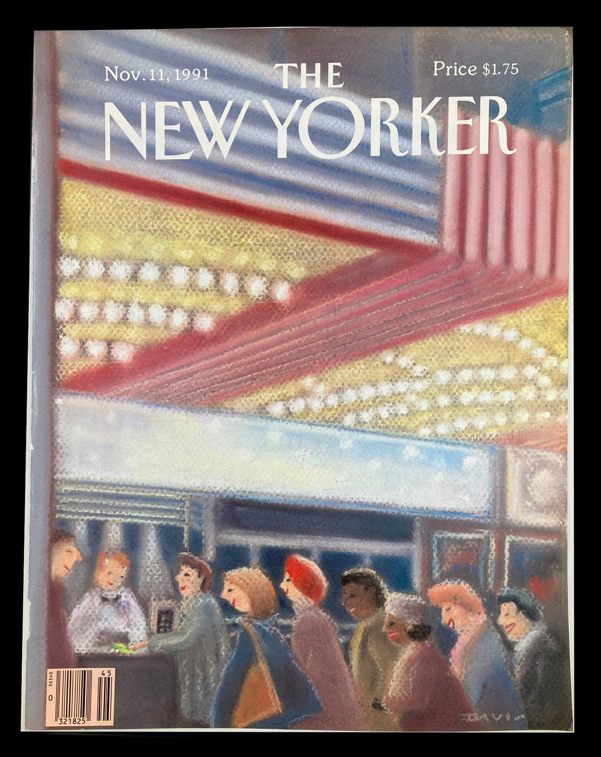 Cover of The New Yorker magazine dated November 11, 1991, featuring artwork titled 'Movie Night' by Susan Davis. The cover depicts a busy movie theater scene with vibrant colors and dynamic figures, capturing the essence of cinematic experiences in the early '90s.