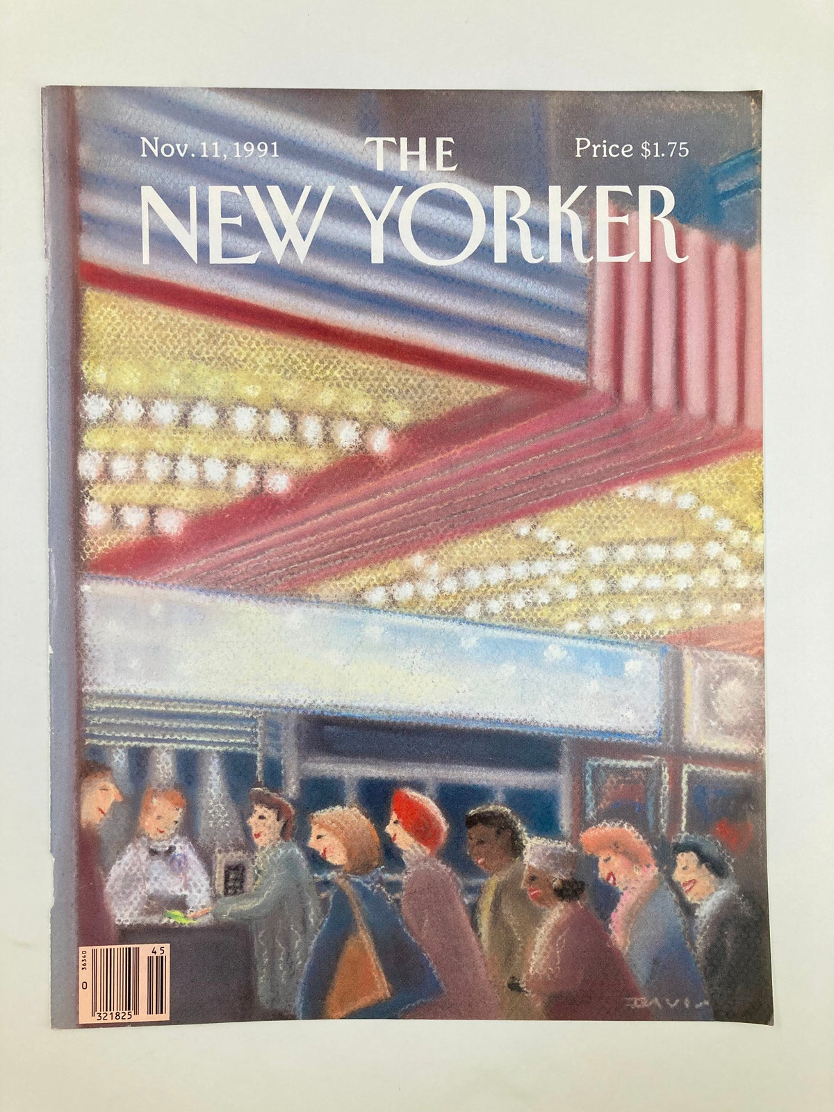 Cover only of The New Yorker, November 11, 1991, featuring the artwork 'Movie Night' by Susan Davis, depicting a vibrant movie theater scene with patrons waiting in line. Perfect for collectors and vintage magazine enthusiasts.