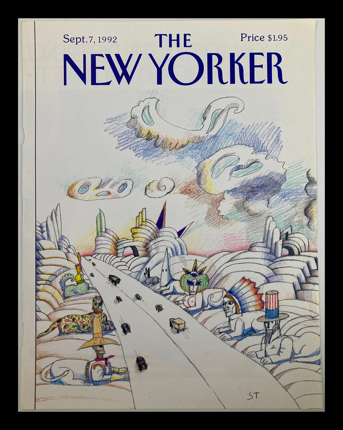 Cover of The New Yorker dated September 7, 1992, featuring artwork by Saul Steinberg, depicting whimsical landscapes and a road with animated vehicles.