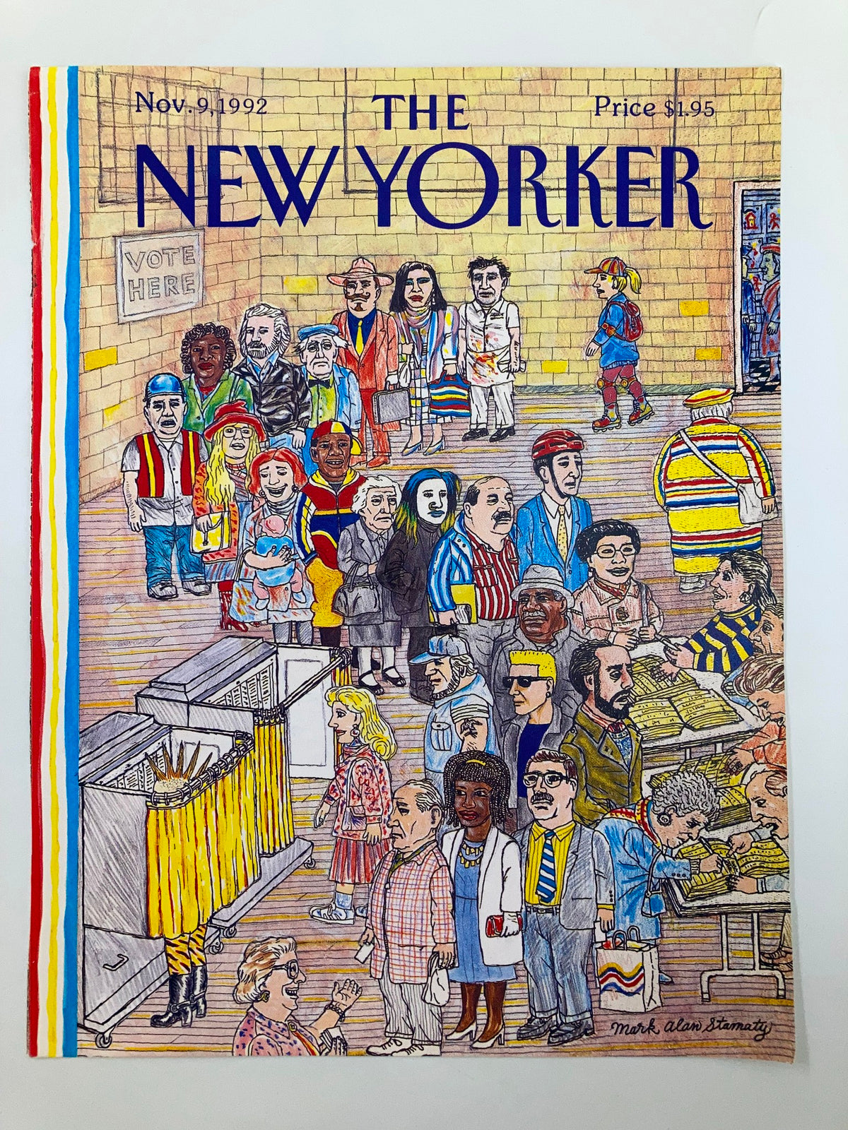 The New Yorker November 9 1992 Elections cover illustration by Mark Allan Stamaty, showcasing a diverse crowd at a polling station with vibrant colors and detailed characters, reflecting the political atmosphere of the 1992 elections.