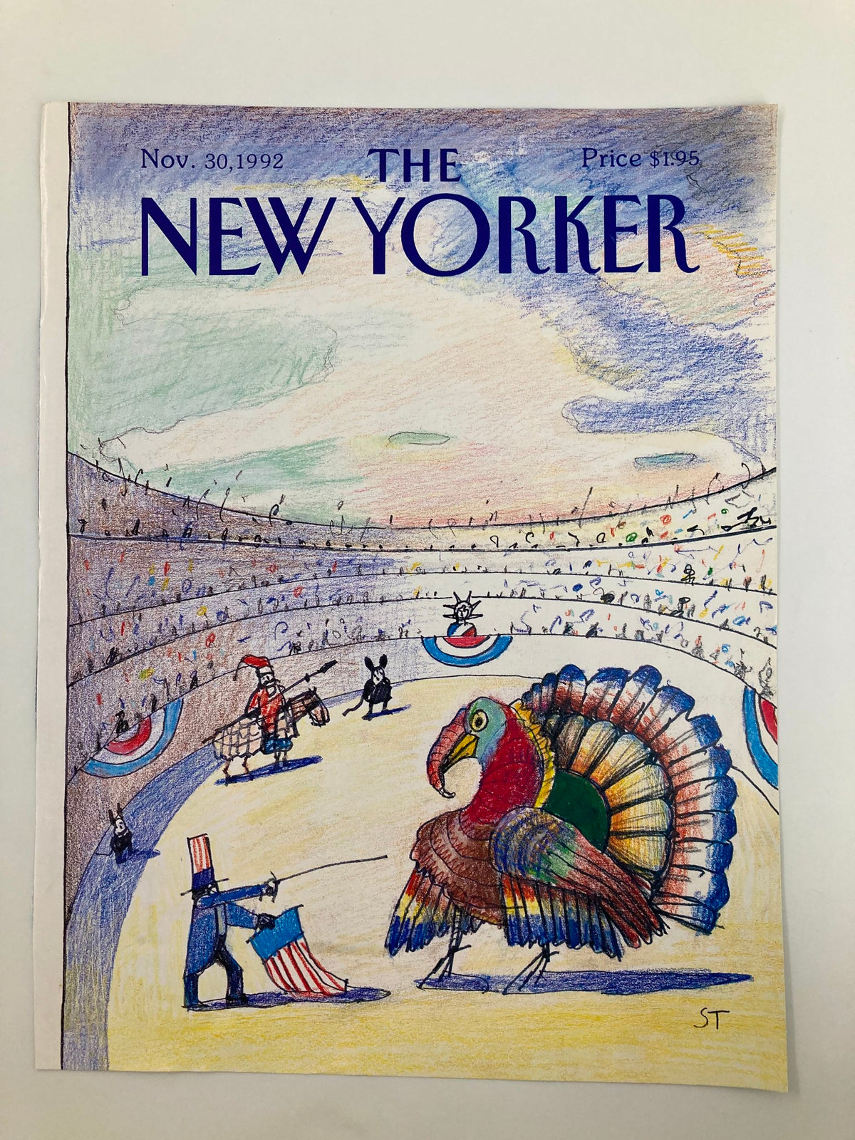 The New Yorker magazine cover from November 30, 1992, illustrated by Saul Steinberg, showcasing a vibrant and humorous depiction of a turkey in an arena surrounded by lively characters.