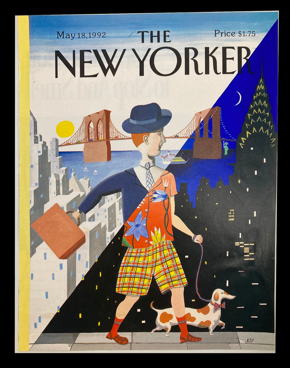 The New Yorker cover for May 18, 1992, featuring the illustration 'Business with Pleasure' by Kathy O. Young, depicting a stylish man with a briefcase walking a dog against a vibrant cityscape.