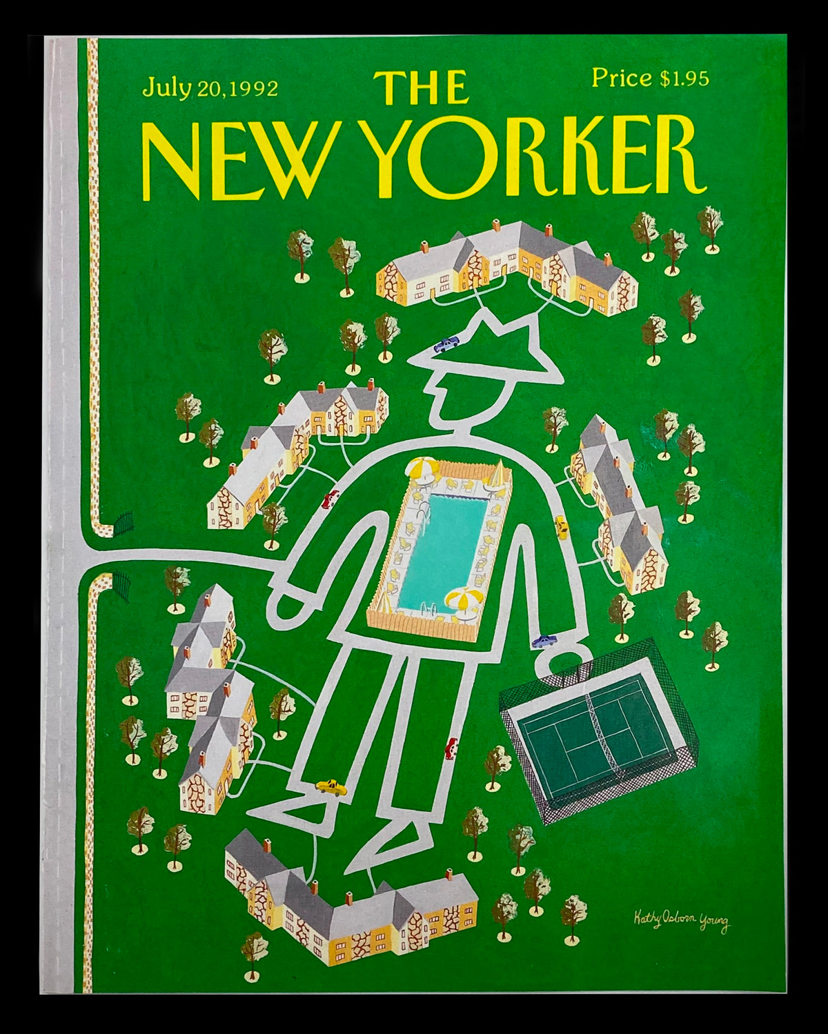 The New Yorker Cover July 20 1992 by Kathy Osborn Young, featuring an imaginative illustration of a large figure amidst a colorful urban landscape with houses, trees, and a tennis court, capturing the essence of community and city life.