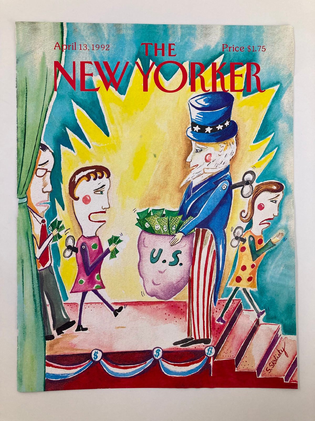 The New Yorker magazine cover dated April 13, 1992, titled 'Money Donation' by Stephanie Skalisky, showcasing a vibrant artwork of Uncle Sam with a sack of money amidst lively characters, capturing a satirical take on donations.