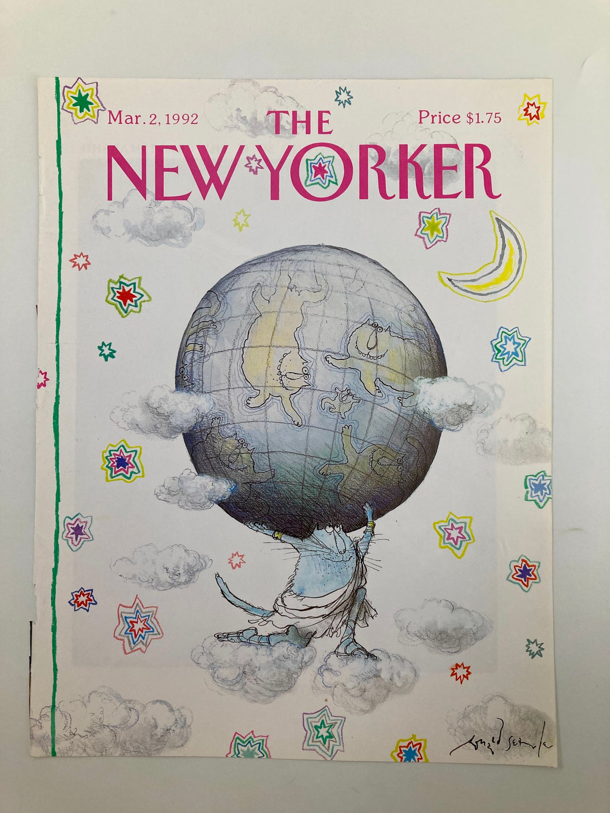 Cover of The New Yorker March 2, 1992, featuring the illustration 'Planet of the Cats' by Ronald Searle, depicting a whimsical cat holding the Earth surrounded by colorful stars and clouds.