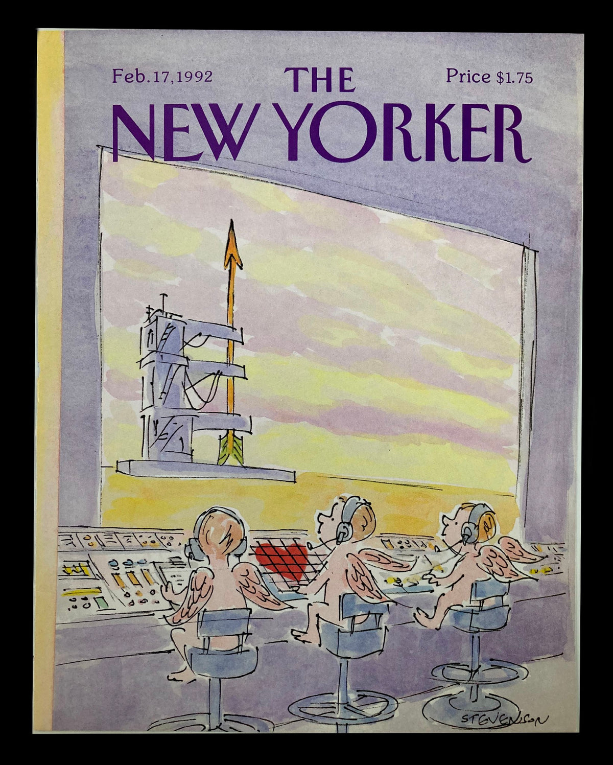 The New Yorker Cover February 17 1992 'Cupids In Charge' featuring whimsical angel characters at a control panel, illustrated by James Stevenson.