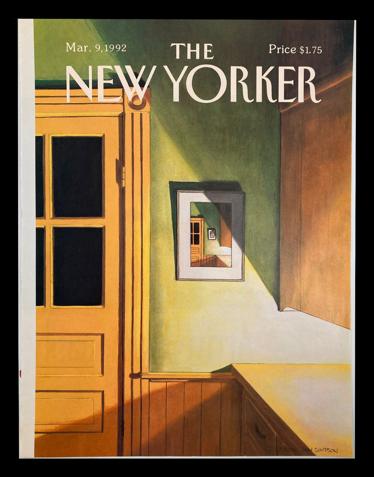 Cover of The New Yorker March 9 1992 titled 'Great Illusion' by Gretchen Dow Simpson, featuring a bright yellow door and a mirror reflecting the room's interior.
