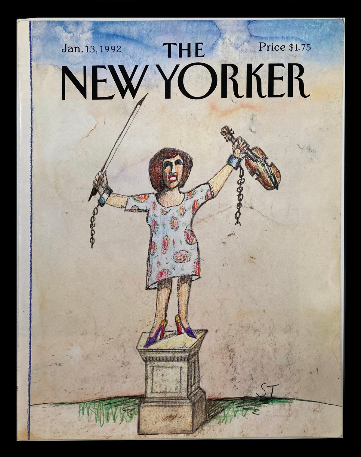 Cover only The New Yorker January 13 1992 featuring an illustration by Saul Steinberg, depicting a figure standing on a pedestal holding a violin and a conductor's baton, celebrating the freedom of music.