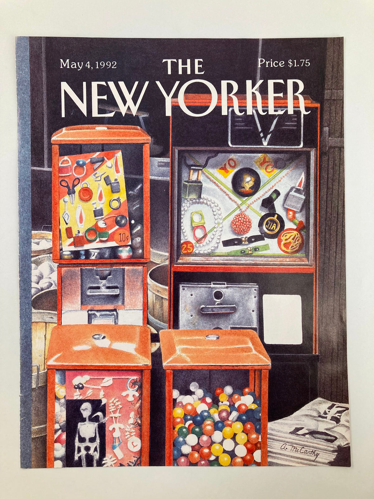The New Yorker May 4 1992 magazine cover displaying 'Pick A Price' artwork by Ann McCarthy, highlighting vibrant vending machines with unique collectibles.