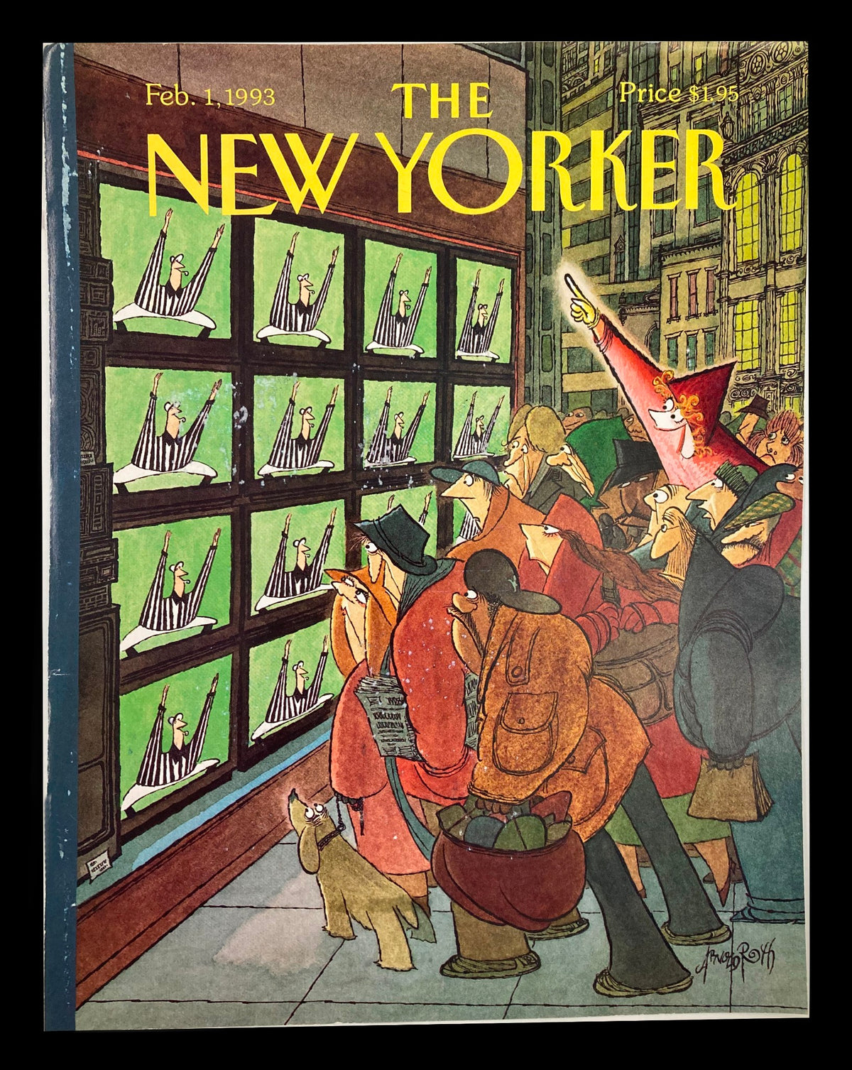 The New Yorker cover from February 1, 1993, titled 'Referee's Time Out' by Arnold Roth, showcasing a crowd captivated by multiple TVs displaying referees in action.