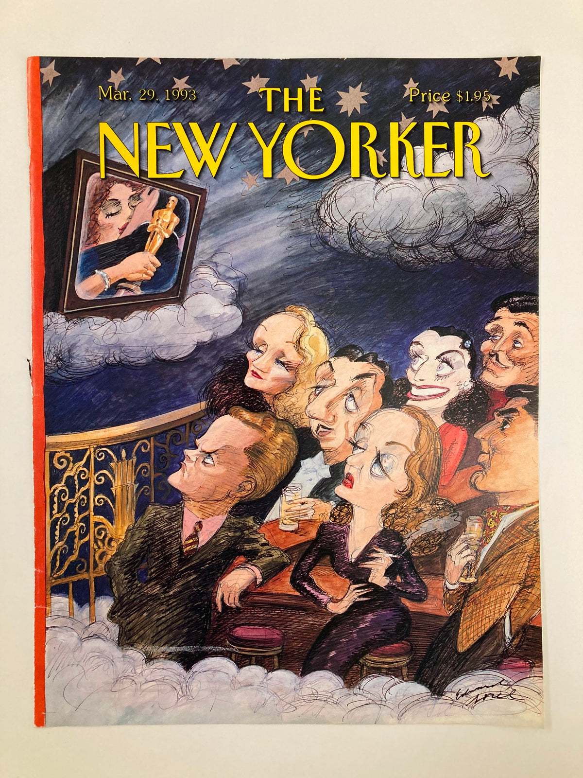 The New Yorker cover from March 29, 1993, showcasing 'The Oscar Goes To' by Edward Sorel, illustrating an animated crowd watching an award presentation.