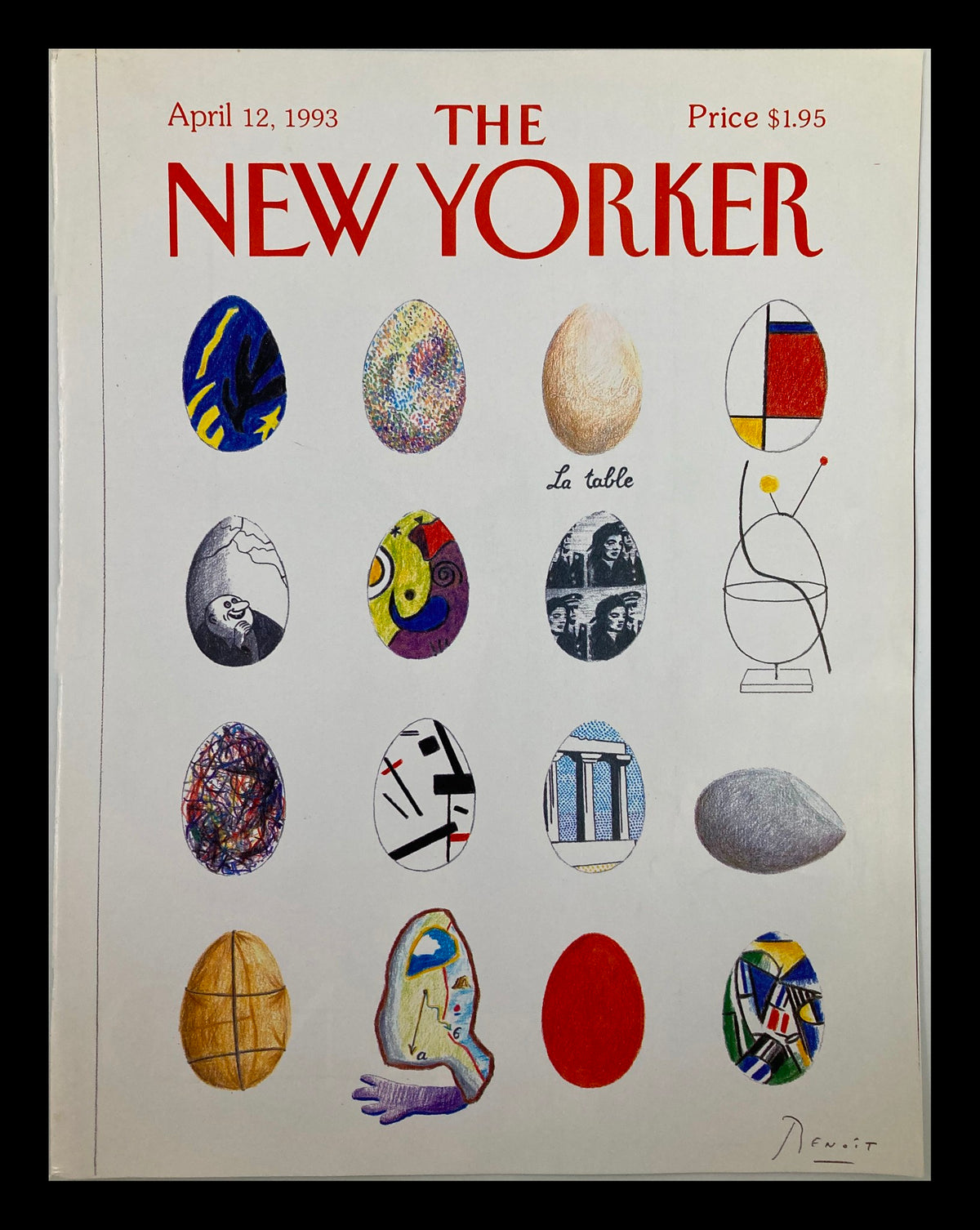 Cover of The New Yorker April 12 1993 titled 'La Table Le Eggs' featuring colorful, artistic depictions of eggs by Benoit van Innis.