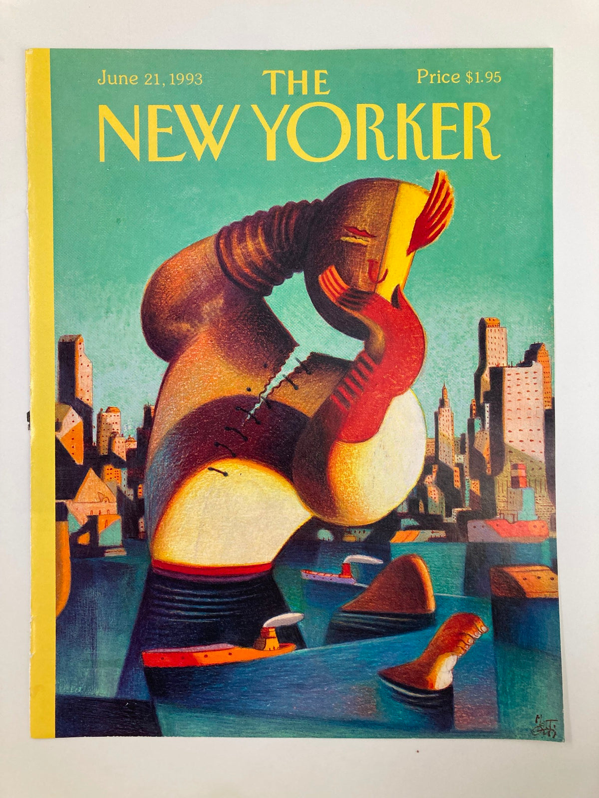 Cover of The New Yorker magazine dated June 21, 1993, featuring vibrant artwork titled 'Manhattan Rising' by Lorenzo Mattotti, depicting a dynamic cityscape with abstract figurative elements and boats in the water.
