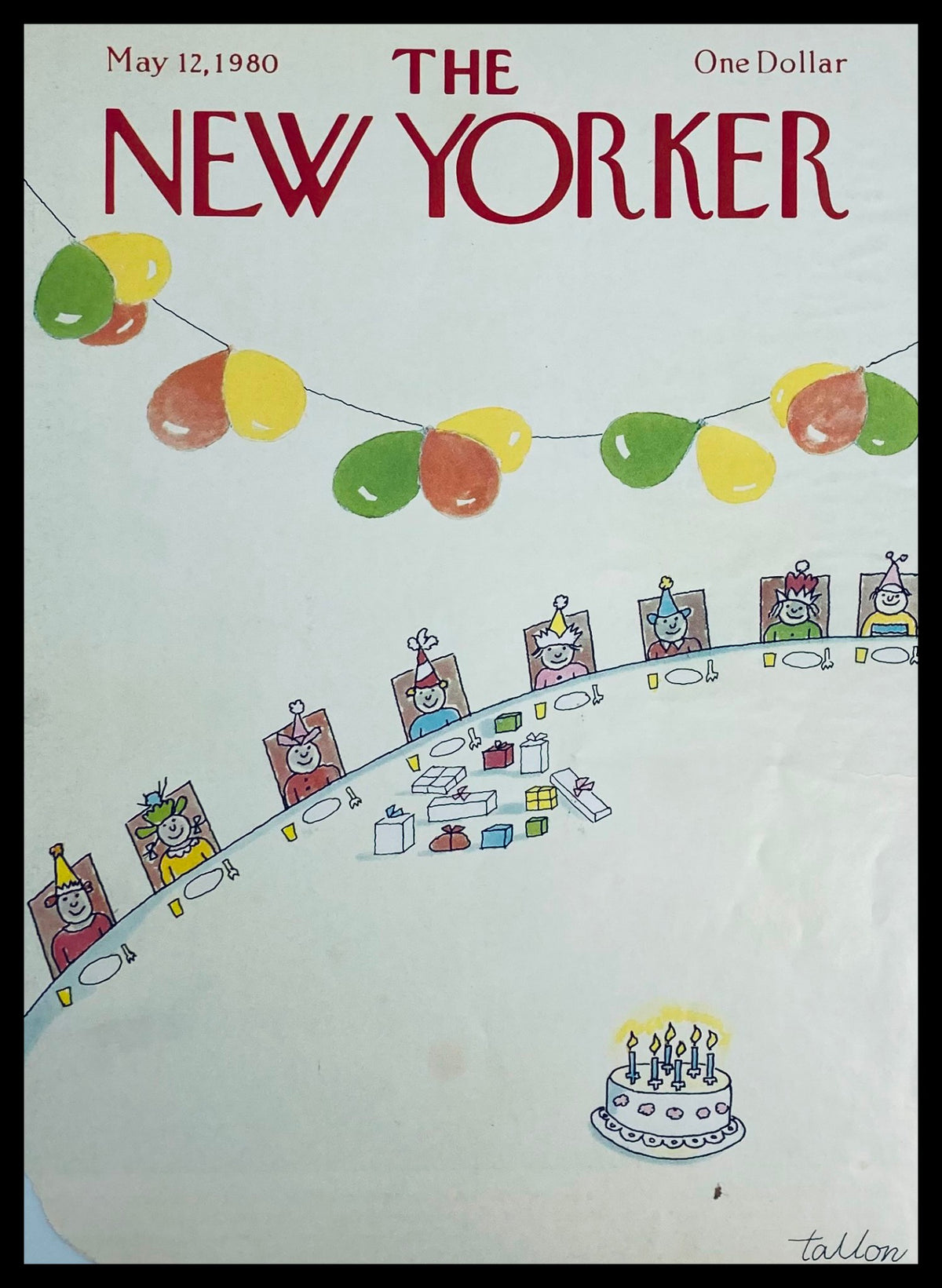 The New Yorker May 12 1980 cover titled A Children's Party by Robert Tallon, featuring a colorful party scene with children seated around a table, decorated with balloons and a birthday cake.