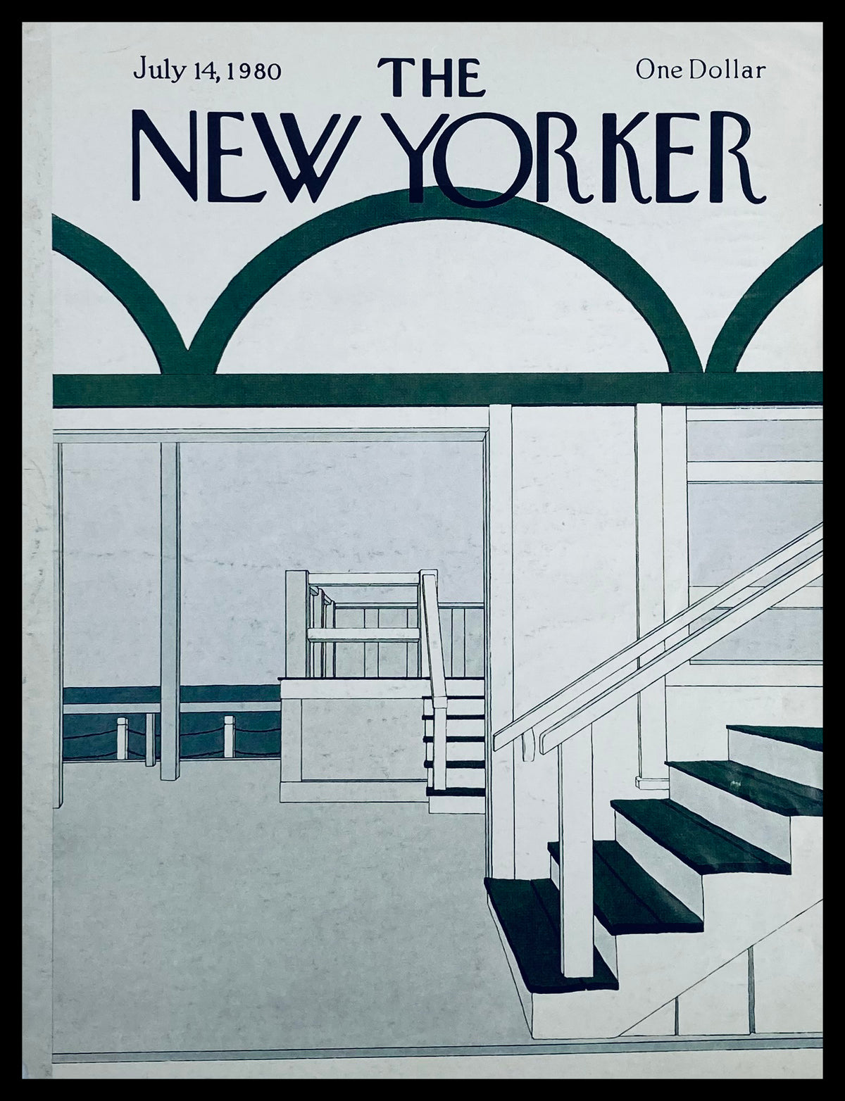 Cover of The New Yorker magazine from July 14, 1980, featuring the illustration 'The Stairs' by Gretchen Simpson. A minimalist design with architectural elements and ocean view, ideal for collectors and art enthusiasts.