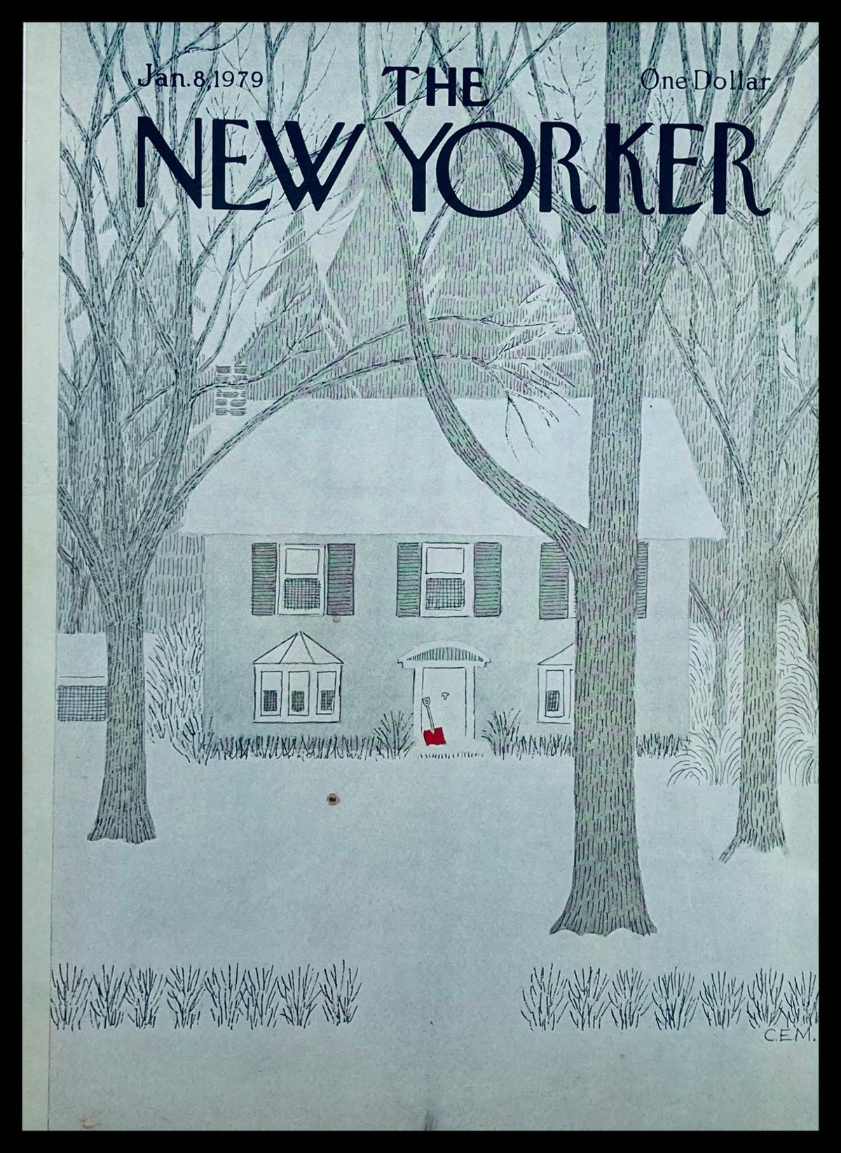 Cover of The New Yorker, January 8, 1979 featuring 'Snow House' artwork by Charles E. Martin. The illustration depicts a snow-covered house surrounded by leafless trees, embodying the winter season's tranquility.