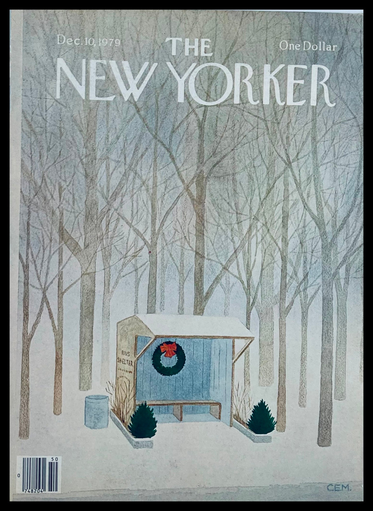 Artistic cover of The New Yorker December 10 1979 featuring a bus shelter in a snowy forest scene, designed by Charles E. Martin.