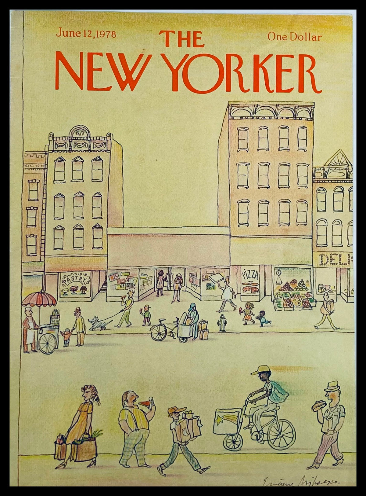 The New Yorker June 12 1978 cover illustration titled 'Busy Town' by Eugene Mihaesco, depicting a vibrant urban street scene with pedestrians, shops, and a bicycle rider.