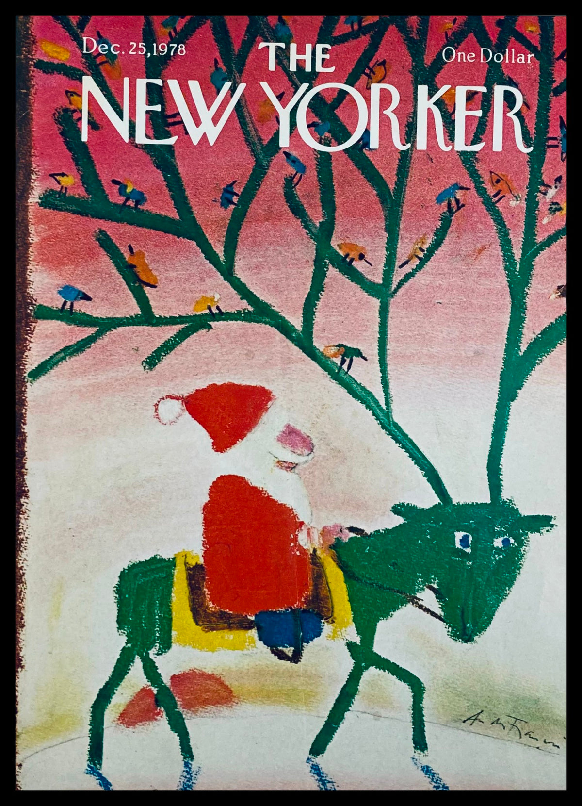 The New Yorker Cover December 25 1978 featuring a whimsical illustration of Santa Claus riding a reindeer against a pink sky, created by artist Andrei Francois.