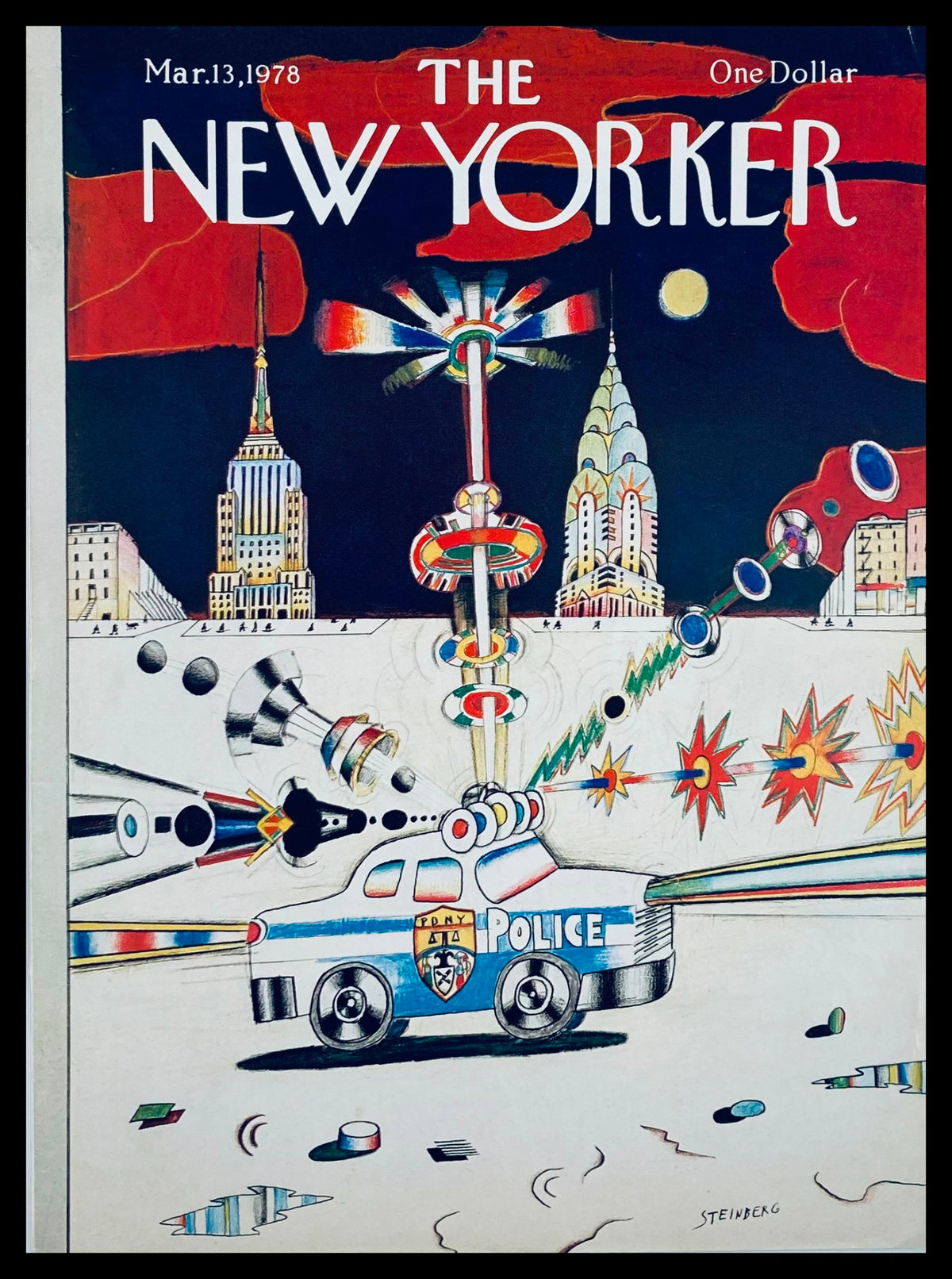 The New Yorker Cover from March 13, 1978, featuring an illustration by Saul Steinberg depicting a police car amidst vibrant colors and urban imagery.