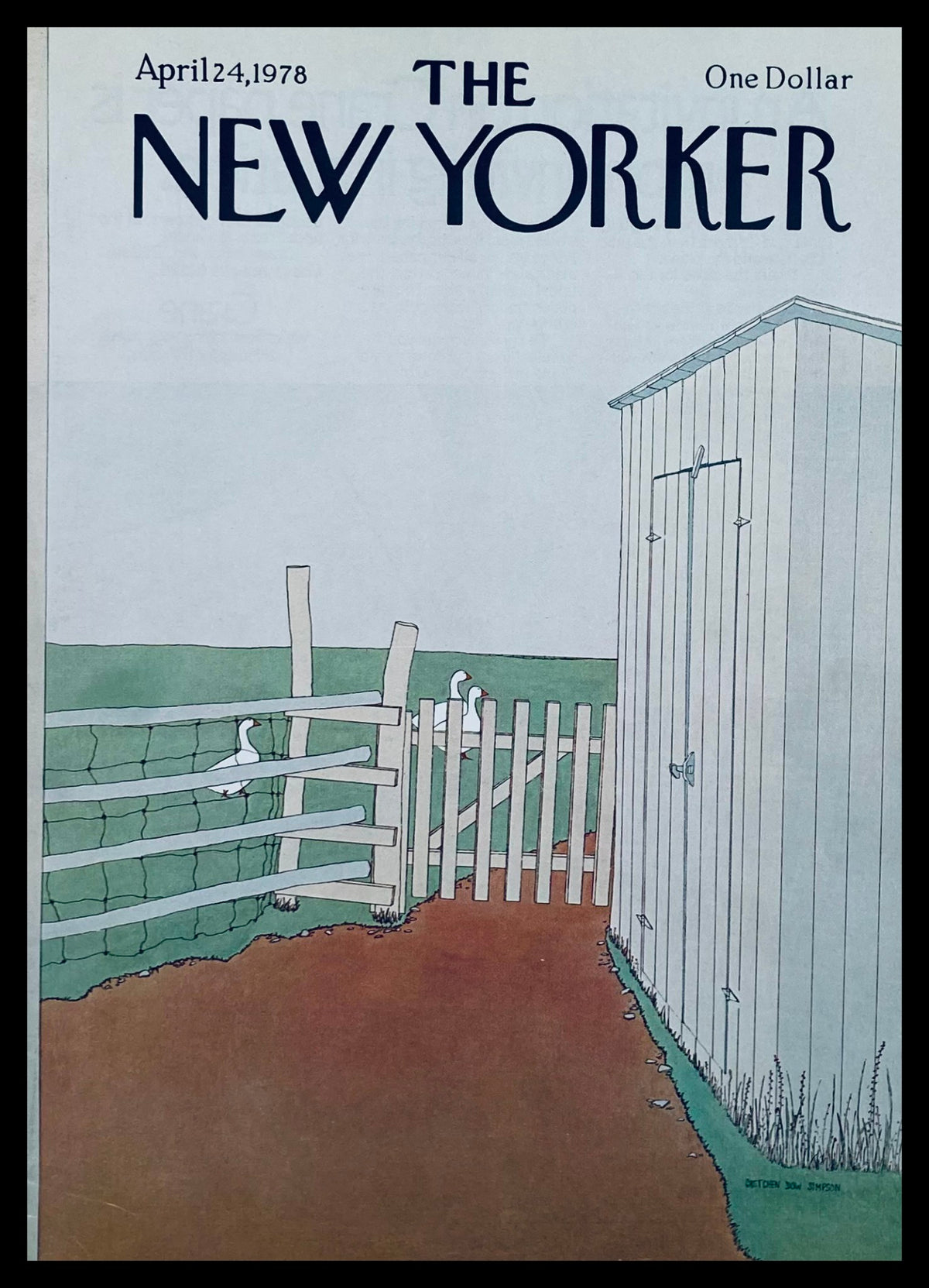 Cover of The New Yorker dated April 24, 1978, featuring rural scene with a white shed and fence, illustrated by Gretchen Dow Simpson, titled 'Farm Friends'.