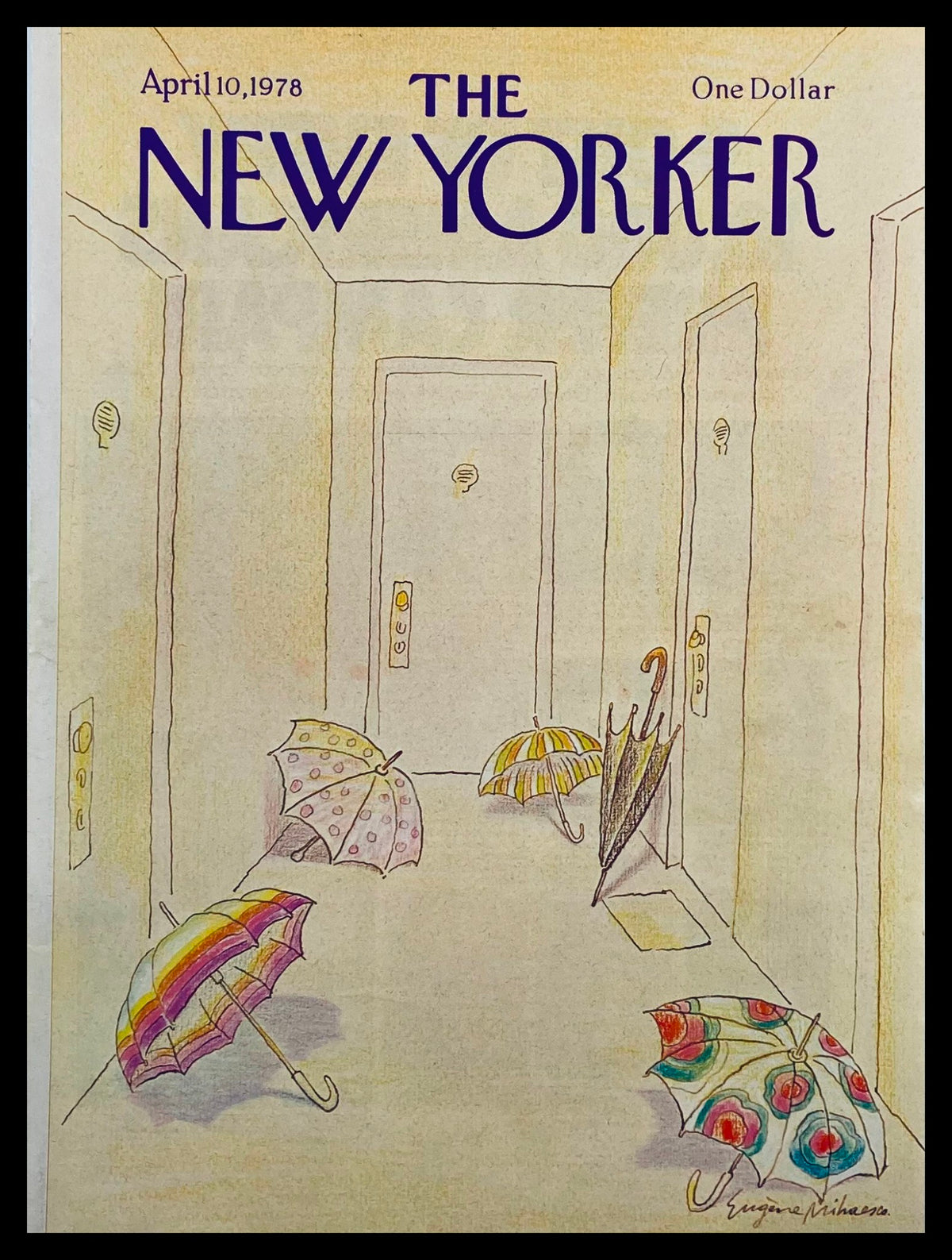 COVER ONLY The New Yorker April 10 1978 Umbrellas by Eugene Miahesco showcasing a hallway with various colorful umbrellas on the floor.