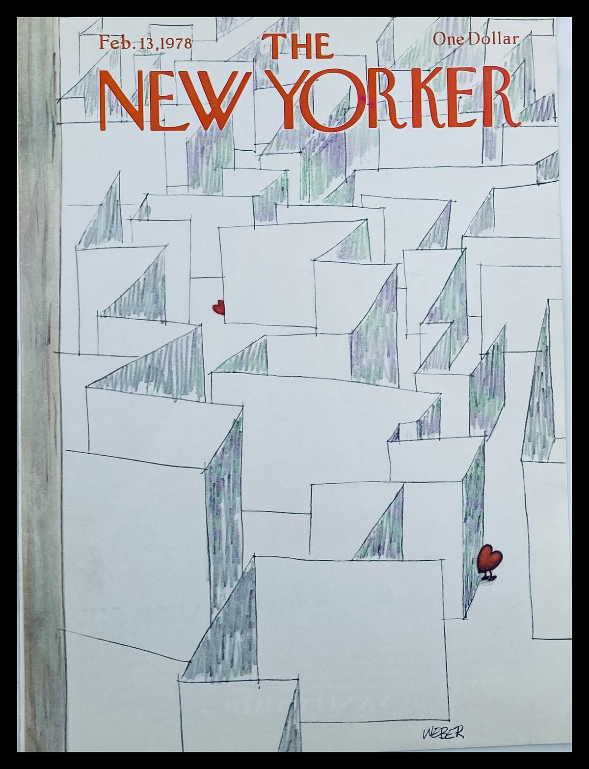 Cover of The New Yorker February 13 1978 featuring artwork "Come Find Love" by Chris Weber, depicting abstract shapes and hearts, ideal for collectors.