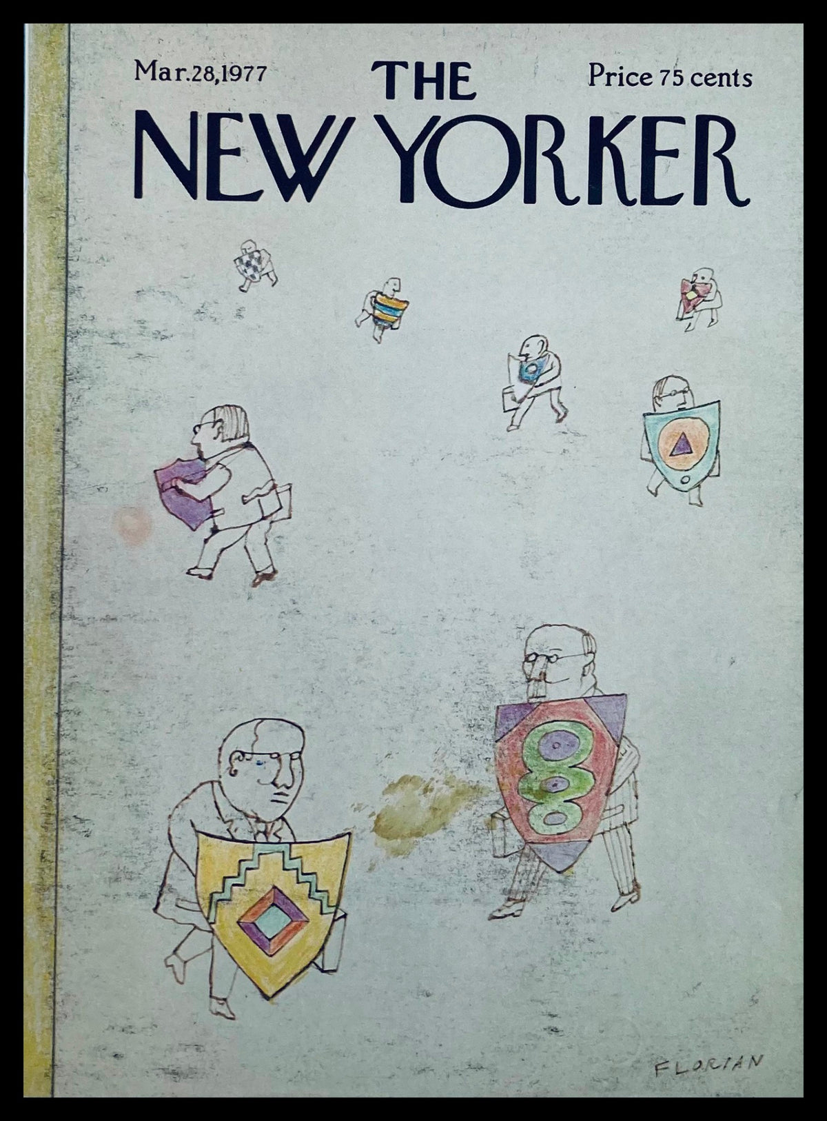 Cover Only The New Yorker March 28 1977 titled 'Shielded' by Douglas Florian, featuring cartoon-like figures holding colorful shields on a light background.
