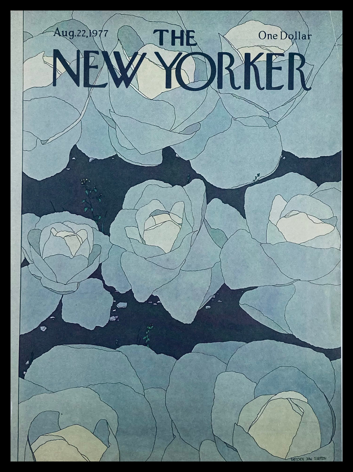 COVER ONLY The New Yorker August 22 1977 Full Bloom by Gretchen Dow Simpson featuring delicate blue roses on a dark background, showcasing the essence of summer with vivid colors.