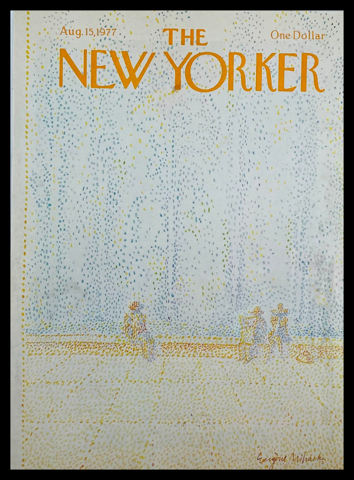Cover of The New Yorker August 15, 1977, featuring the artistic design 'Dots' by Eugene Mihaesco, showcasing a unique visual theme.