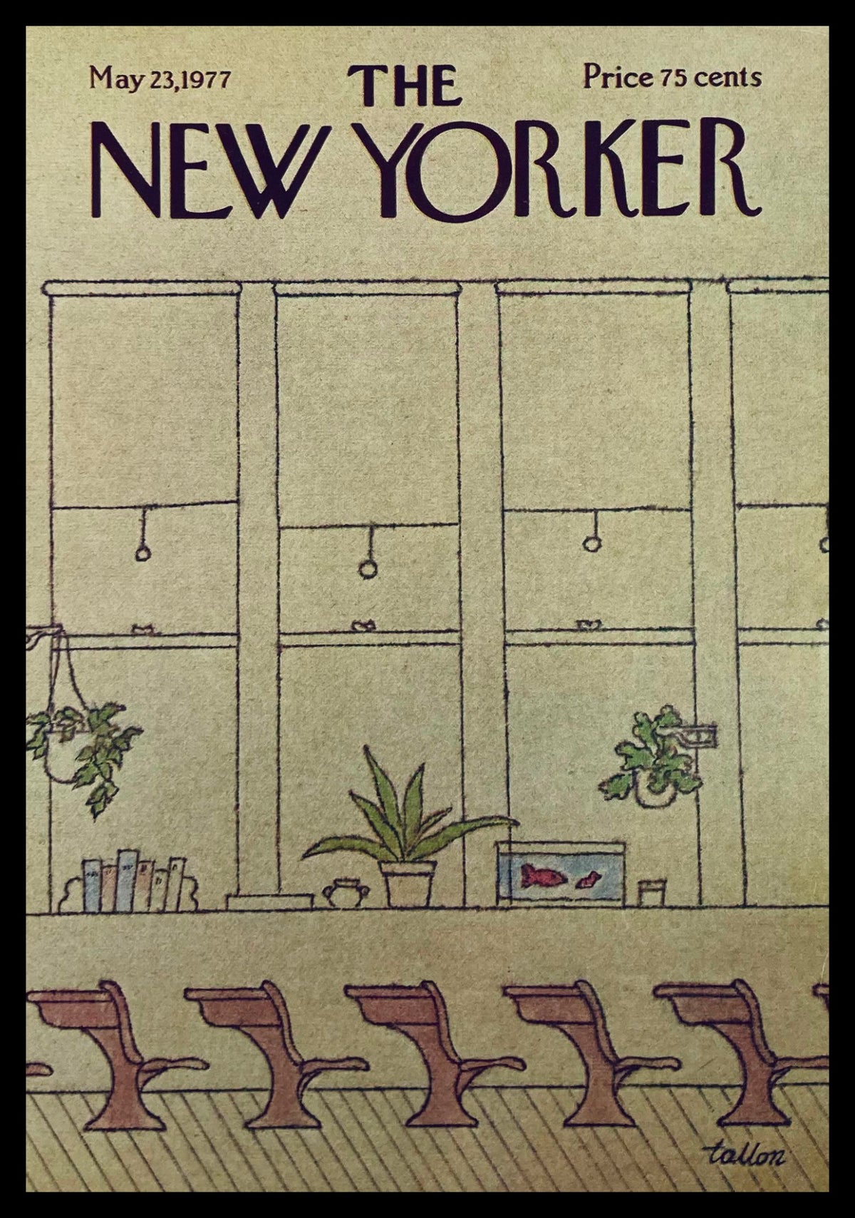 Cover of The New Yorker May 23, 1977 titled 'Emptiness' by Robert Tallon featuring a minimalist interior scene with a waiting area, plants, and fish tank.
