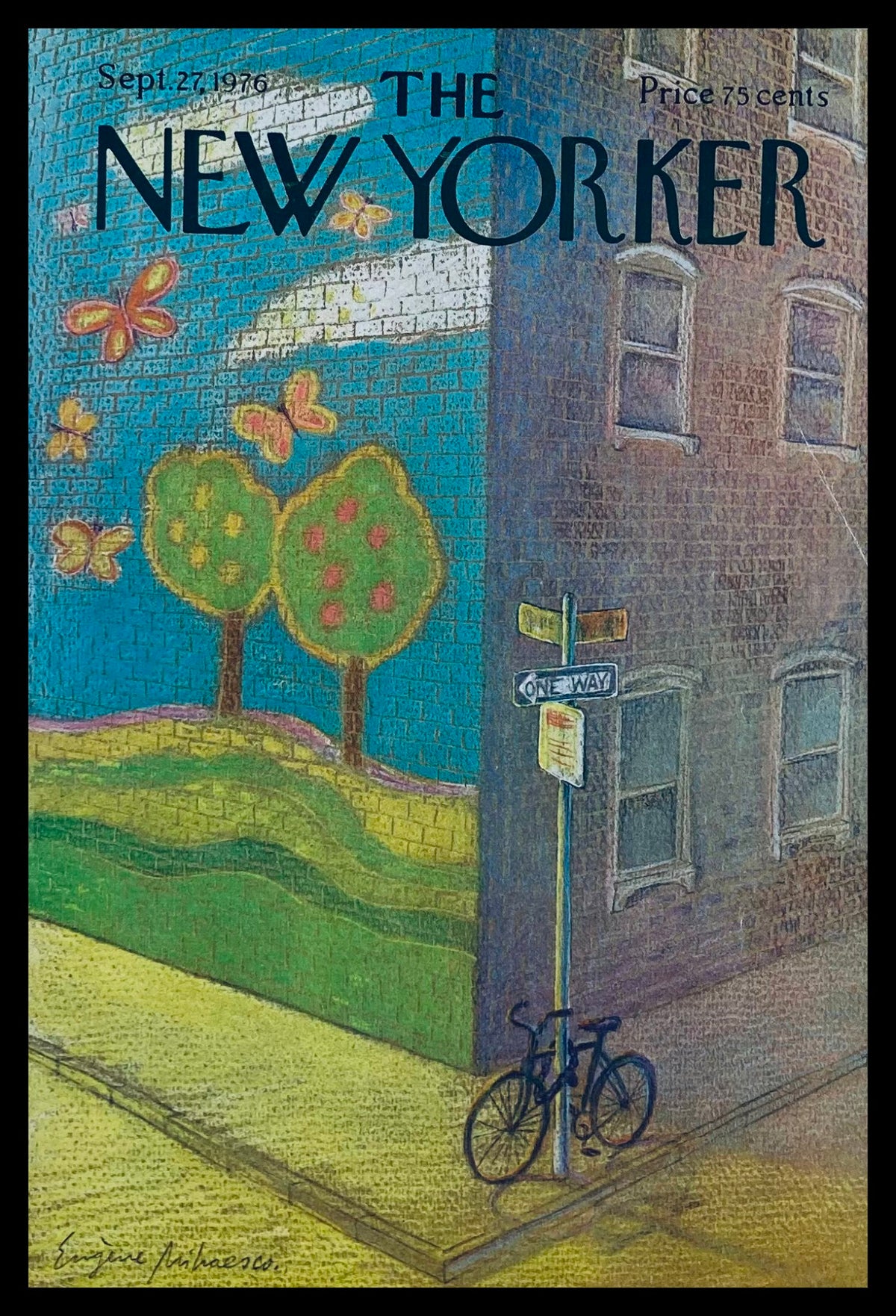Cover of The New Yorker dated September 27, 1976, featuring the artwork 'Corner Street' by Eugene Mihaesco, showcasing a vibrant urban scene with trees, butterflies, and a bicycle.