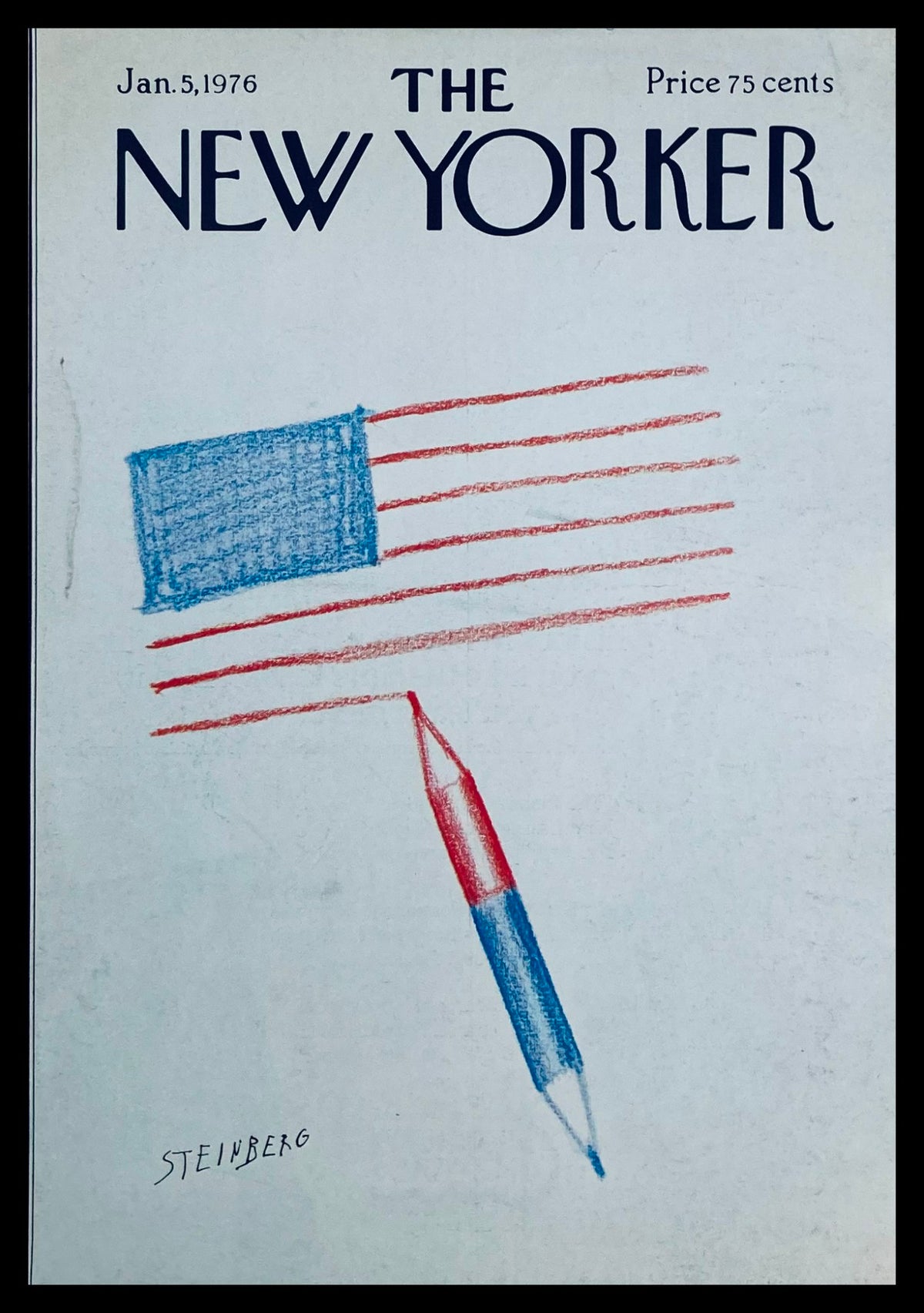 COVER ONLY The New Yorker January 5 1976 featuring a blue and red design by Saul Steinberg, depicting a stylized flag and pencil illustration.