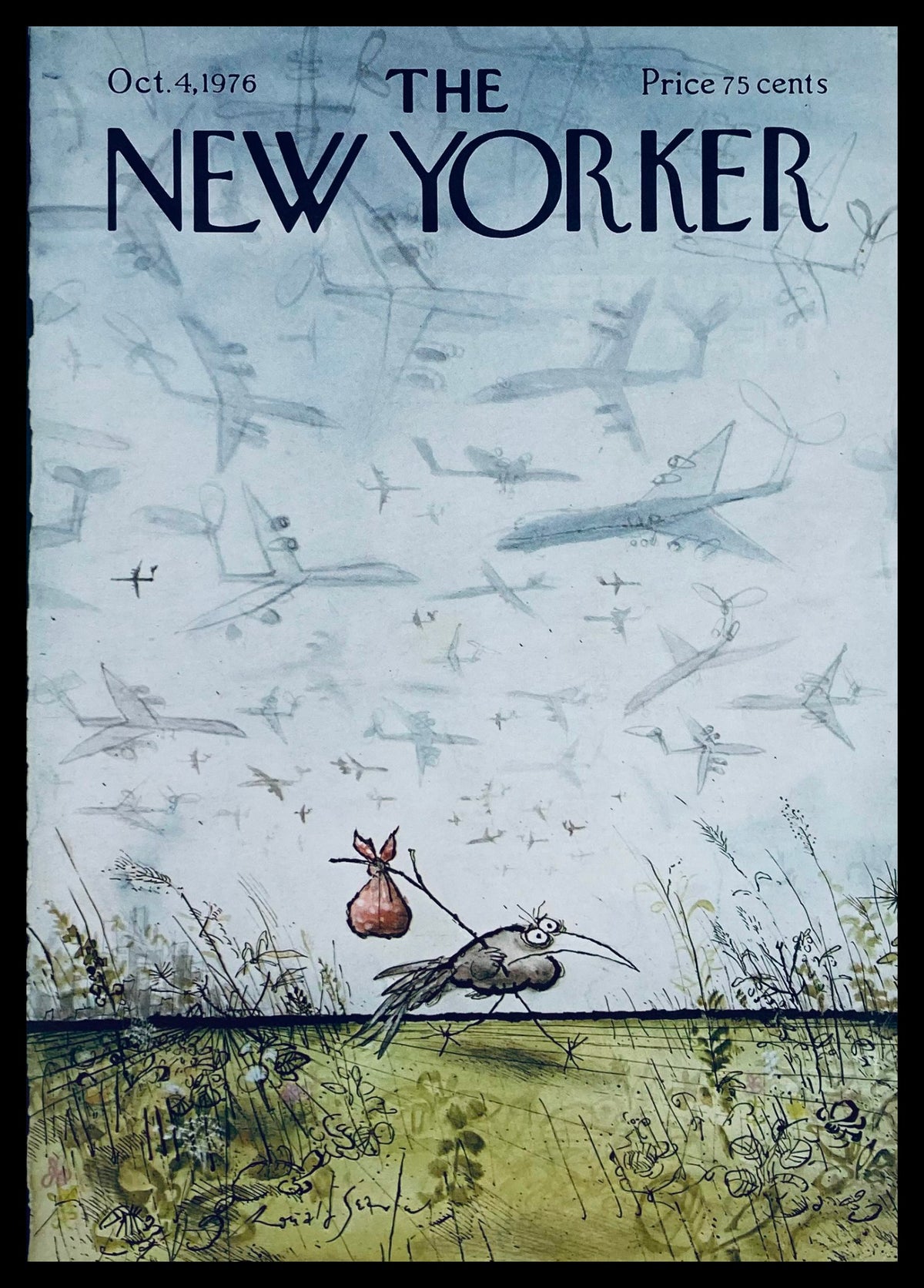 Cover of The New Yorker from October 4, 1976, titled 'Stow Away' by Ronald Searle, depicting a whimsical character carrying a bag amidst a backdrop of airplanes.