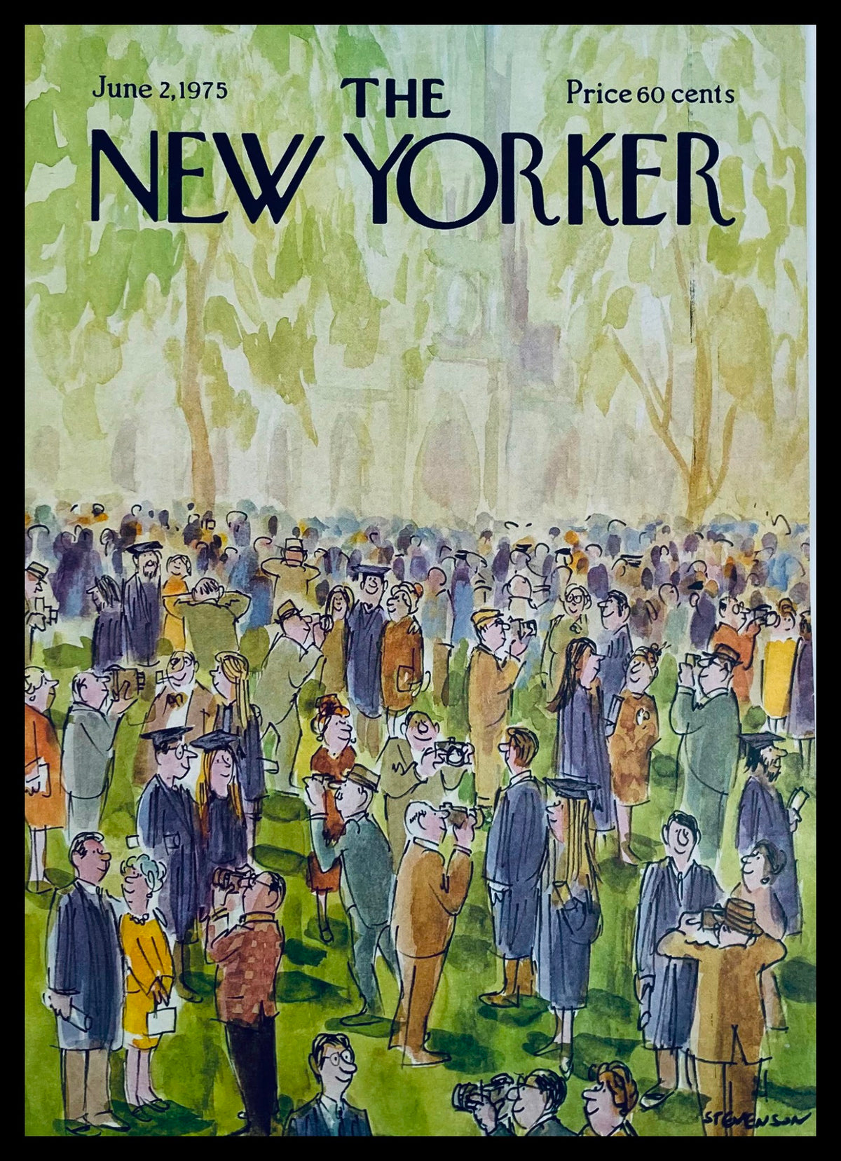 Cover art of The New Yorker from June 2, 1975, titled 'Graduation Day' by James Stevenson, depicting a lively graduation celebration with attendees dressed in suits and gowns on a green lawn.