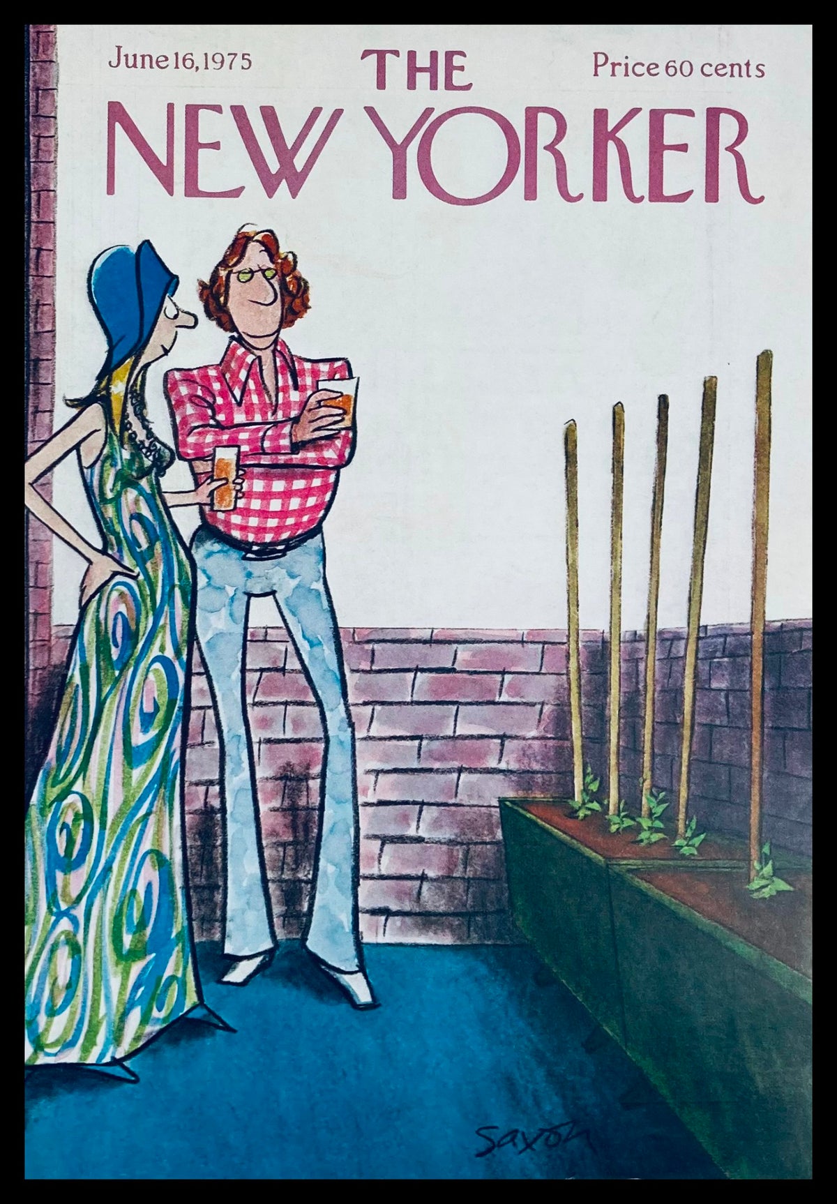 Cover of The New Yorker magazine, June 16, 1975, featuring a colorful illustration of a couple enjoying casual talk, with one wearing a patterned dress and the other in a checkered shirt, set against a backdrop of green plants.