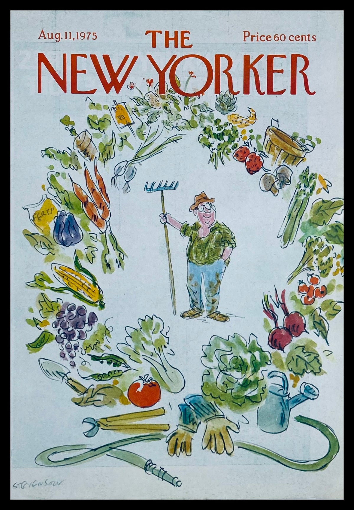 Cover art of The New Yorker dated August 11, 1975, featuring a whimsical illustration by James Stevenson of a man in a garden surrounded by organic produce including fruits and vegetables, showcasing the importance of organic living.