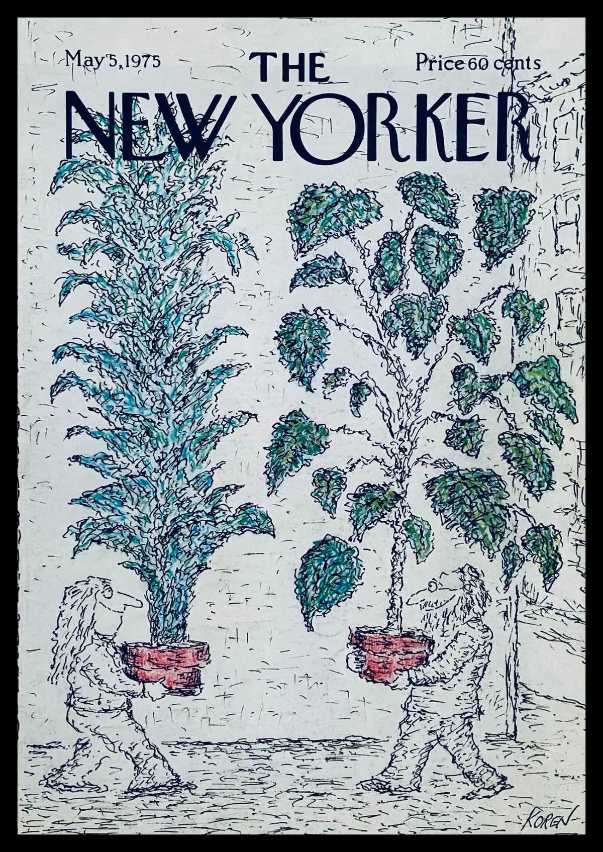 Cover only of The New Yorker dated May 5, 1975, featuring whimsical artwork titled Plant Dudes by Edward Koren, depicting two characters holding large potted plants.