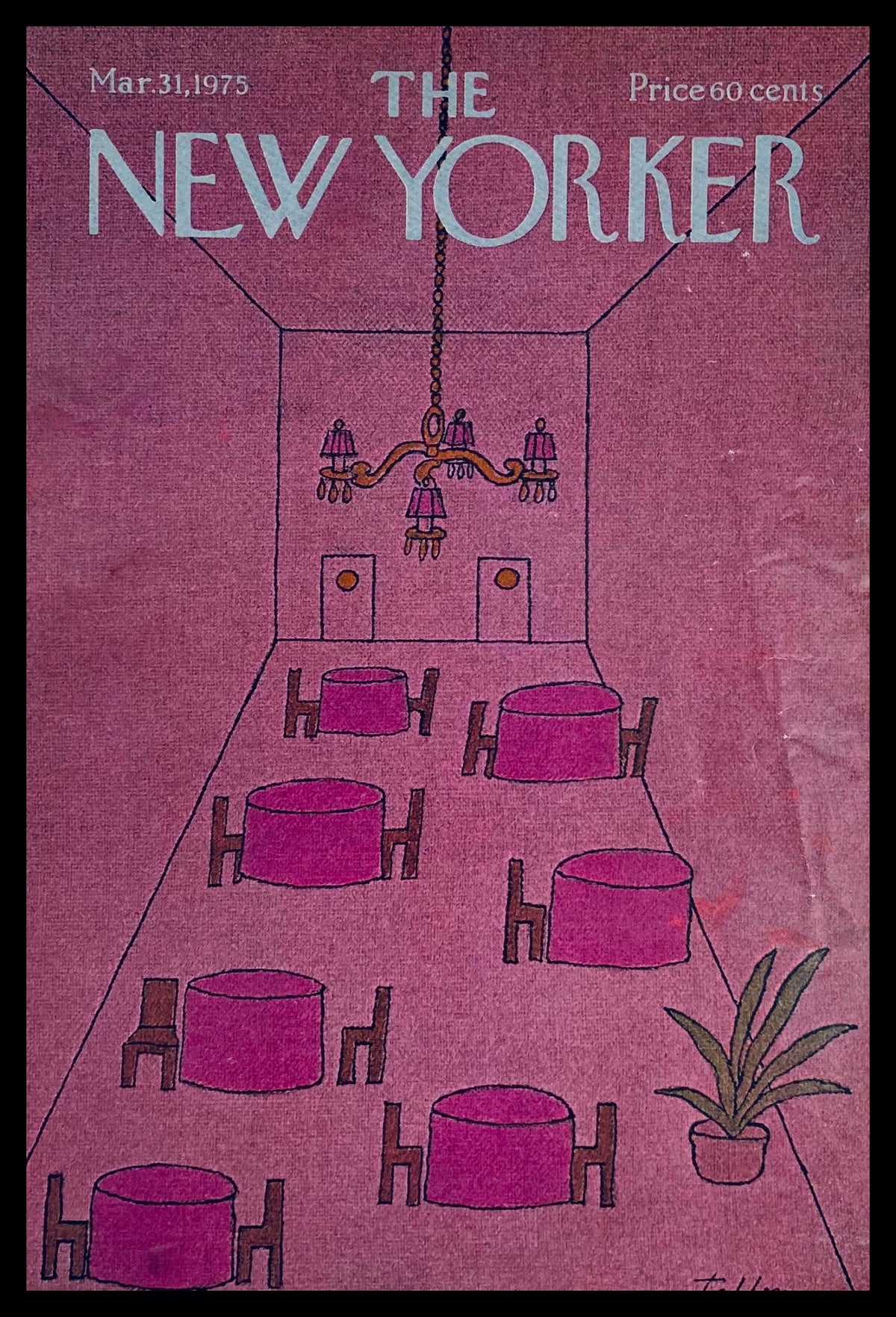 The New Yorker cover dated March 31, 1975, featuring the artwork 'Empty Tables' by Robert Tallon, depicting a serene restaurant interior with pink tables and a chandelier.
