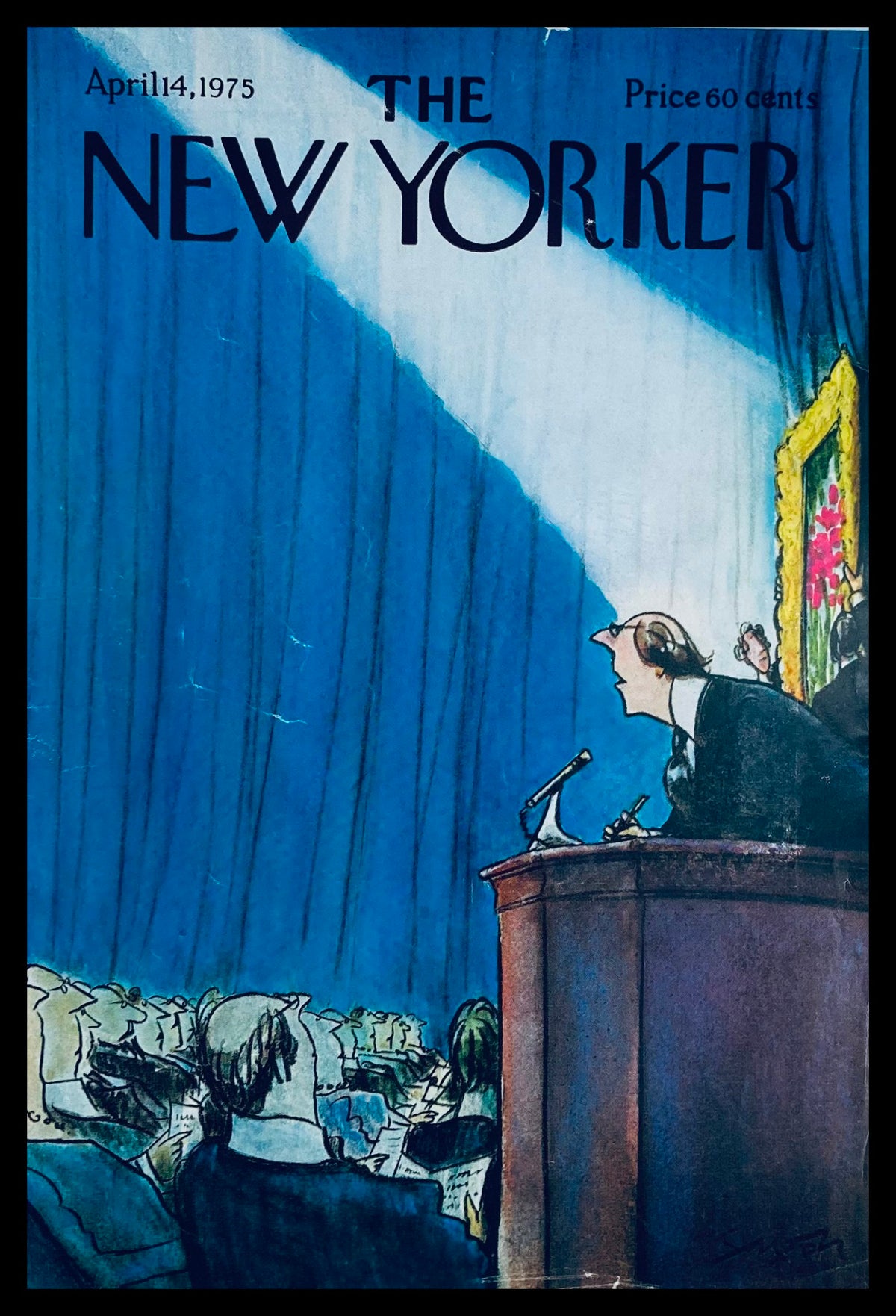 Cover of The New Yorker, April 14, 1975 titled 'The Speech' by Charles Saxon, featuring a speaker at a podium illuminated by spotlight, surrounded by an audience.