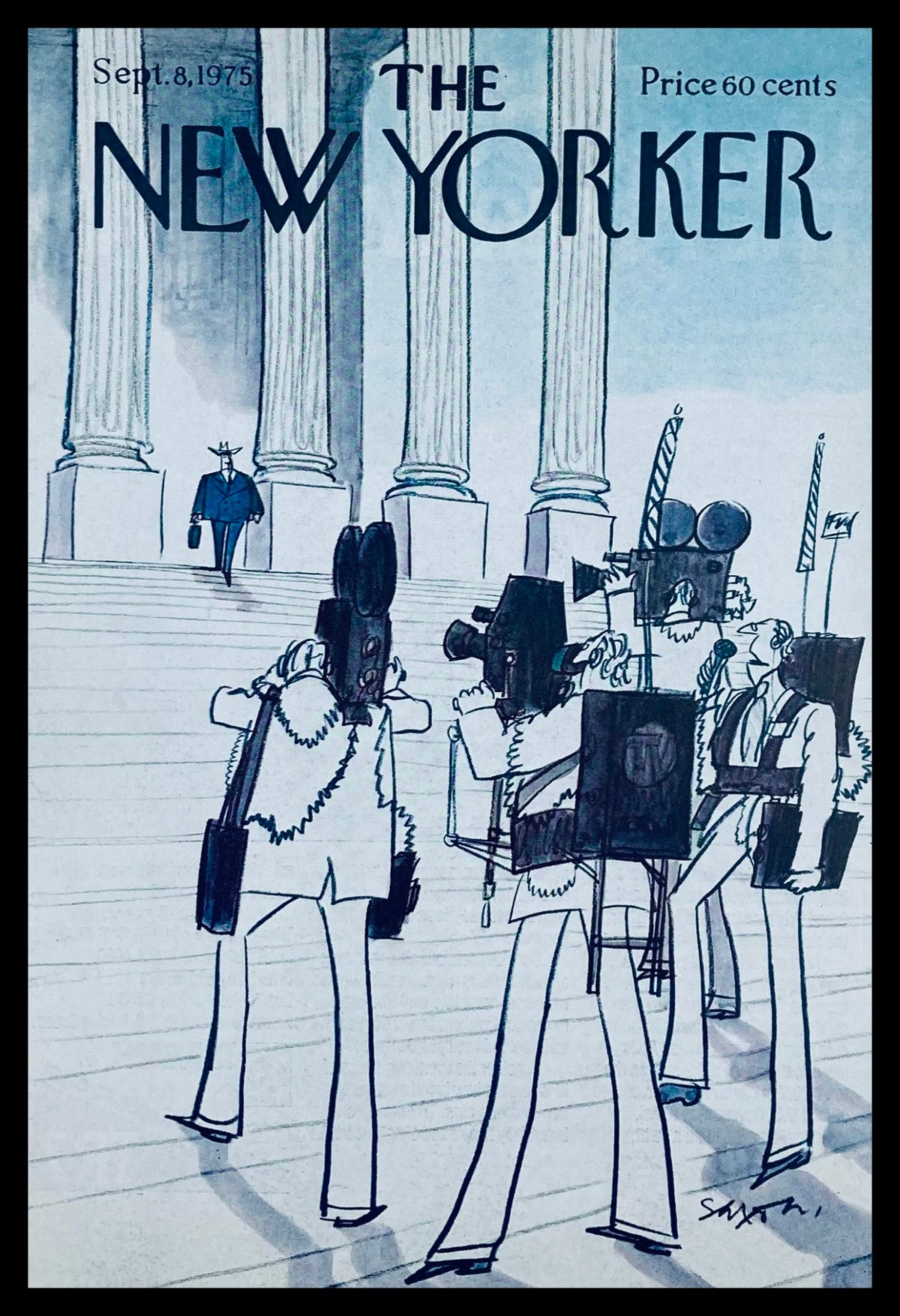 COVER ONLY The New Yorker September 8 1975 News Crew by Charles Saxon: illustration depicting a news crew with cameras and a man in a suit near columns, showcasing the vibrant culture of the 1970s.