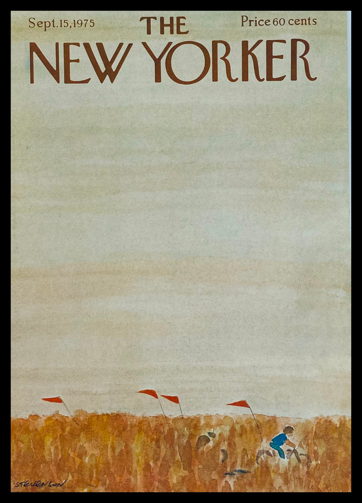 Cover of The New Yorker September 15, 1975 depicting a vibrant bike race illustrated by James Stevenson, showcasing the dynamic spirit of cycling.