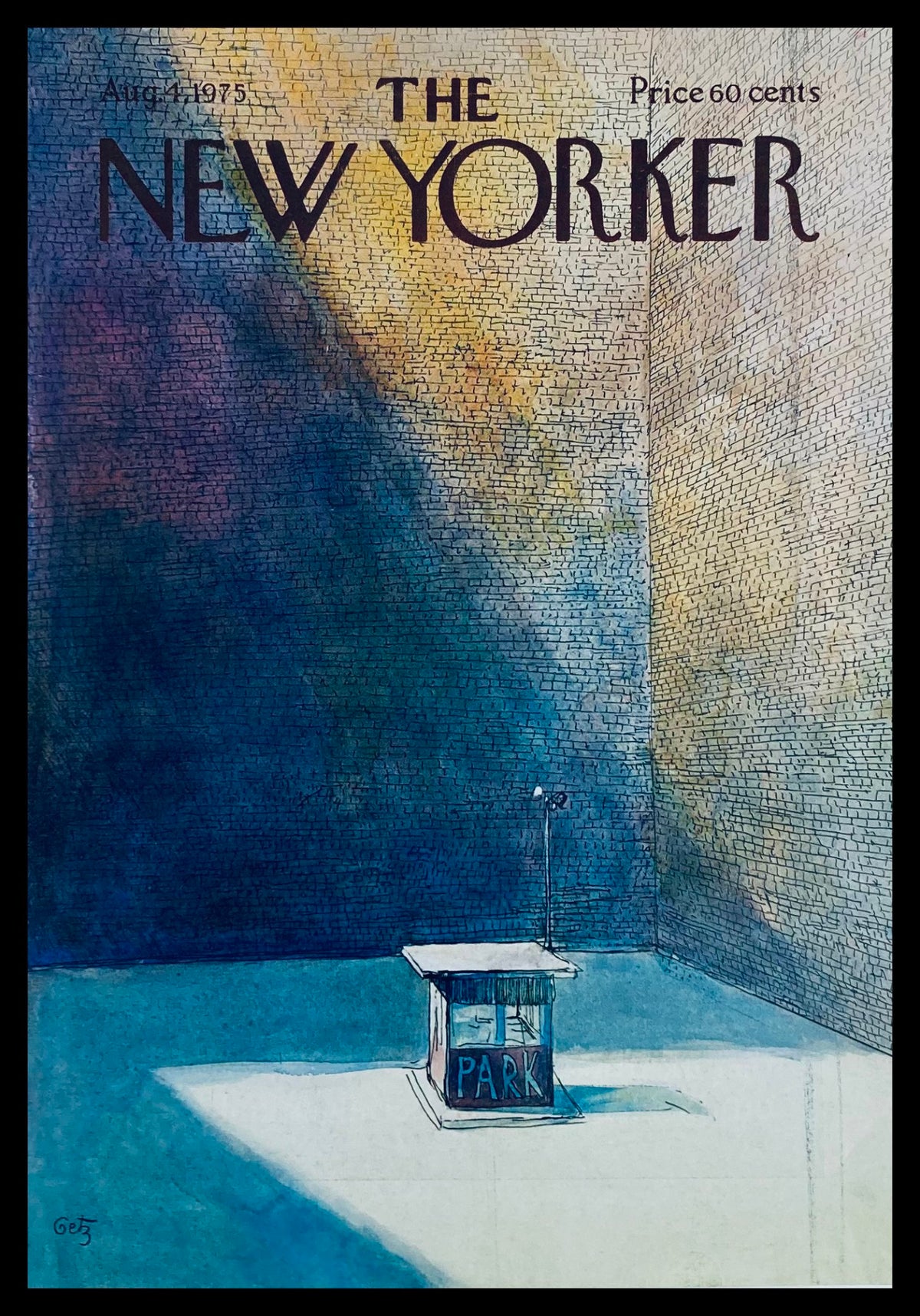 Cover of The New Yorker August 4 1975 featuring an illustration titled 'Empty Parking' by artist Arthur Getz, showcasing a parking booth in an empty urban landscape with a textured wall background.