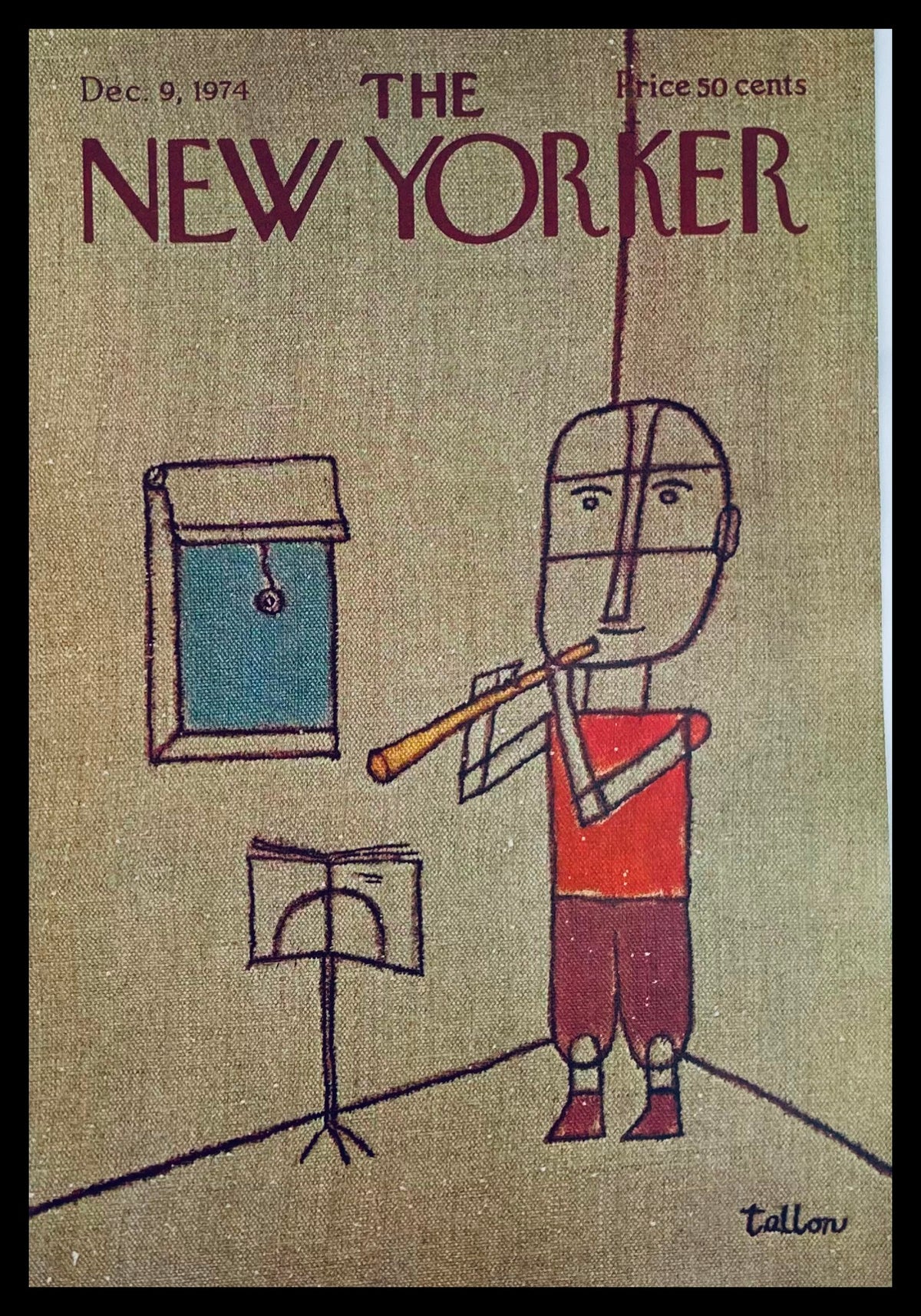 Cover of The New Yorker dated December 9, 1974, featuring artwork titled 'Solo Act' by Robert Tallon, depicting a figure playing a flute beside a window and a music stand.